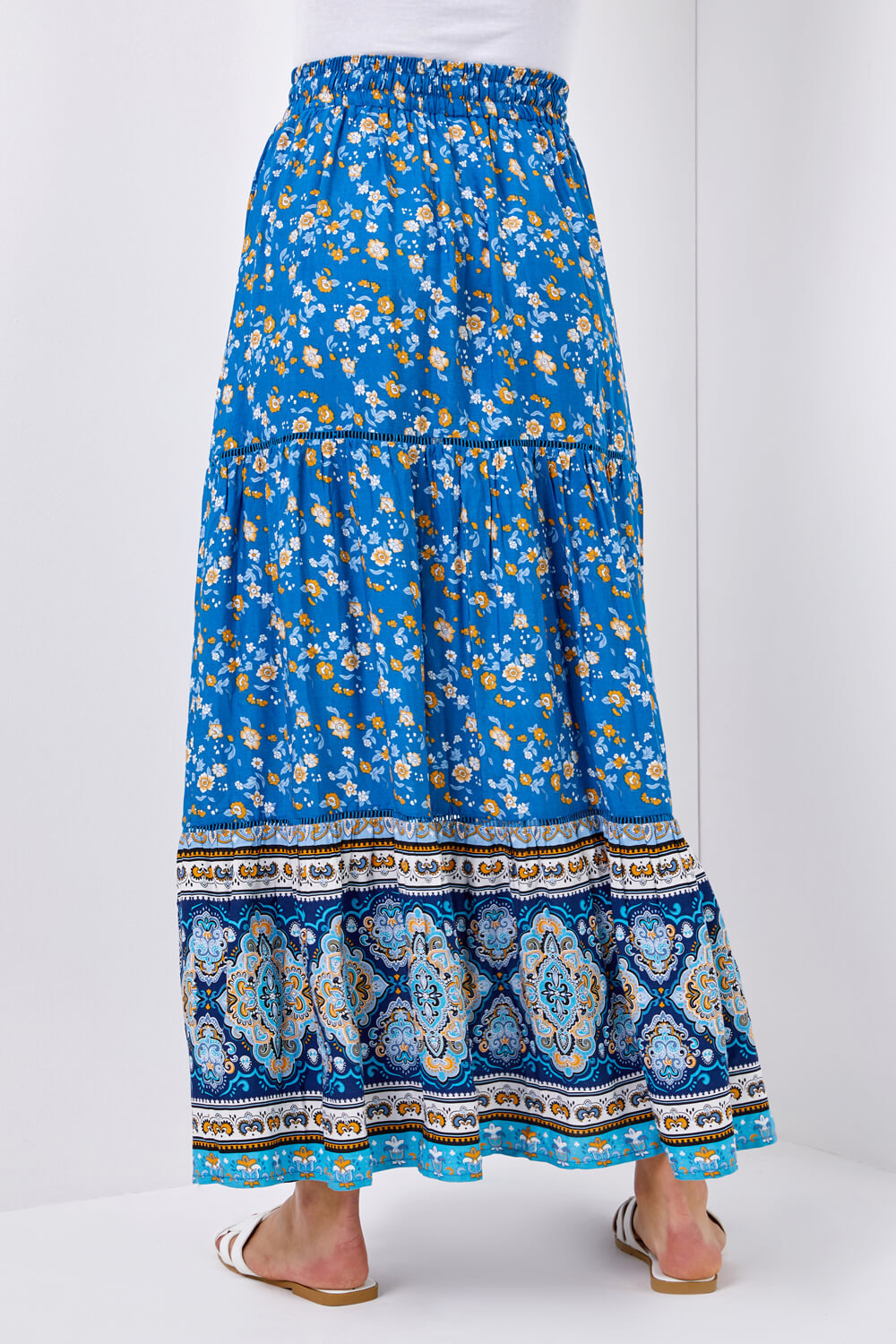 Tiered Floral Print Maxi Skirt in Blue - Roman Originals UK