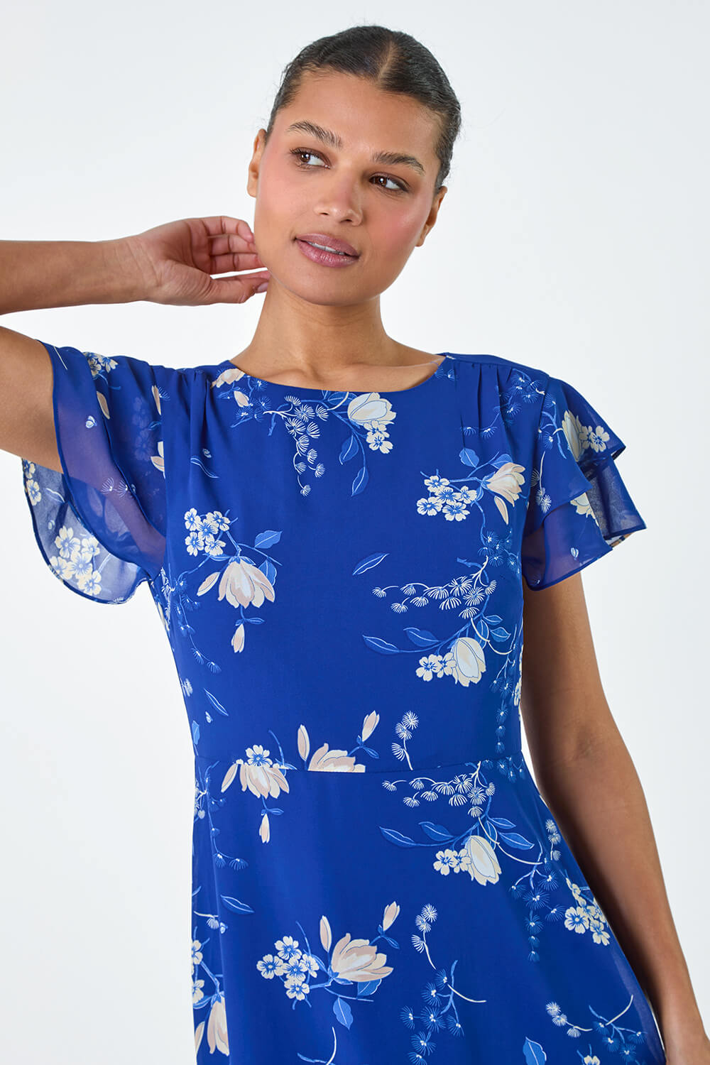 Blue Floral Print Frill Detailed Skater Dress, Image 4 of 5