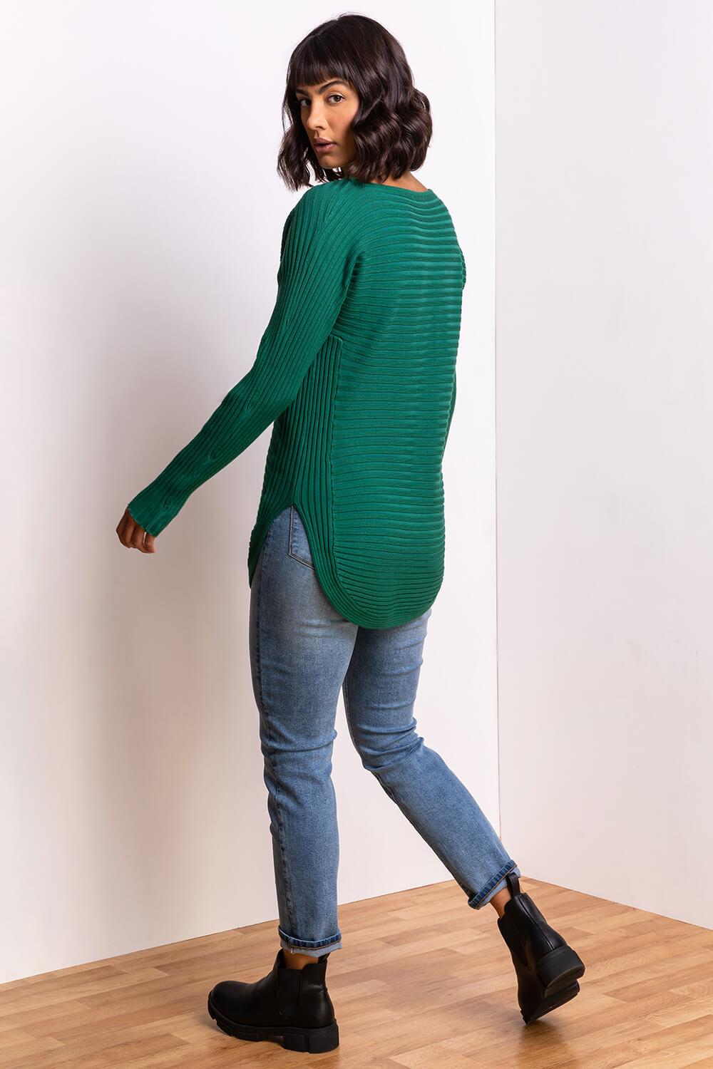 Green Zip Front V Neck Jersey Long Sleeve Top, Image 2 of 5