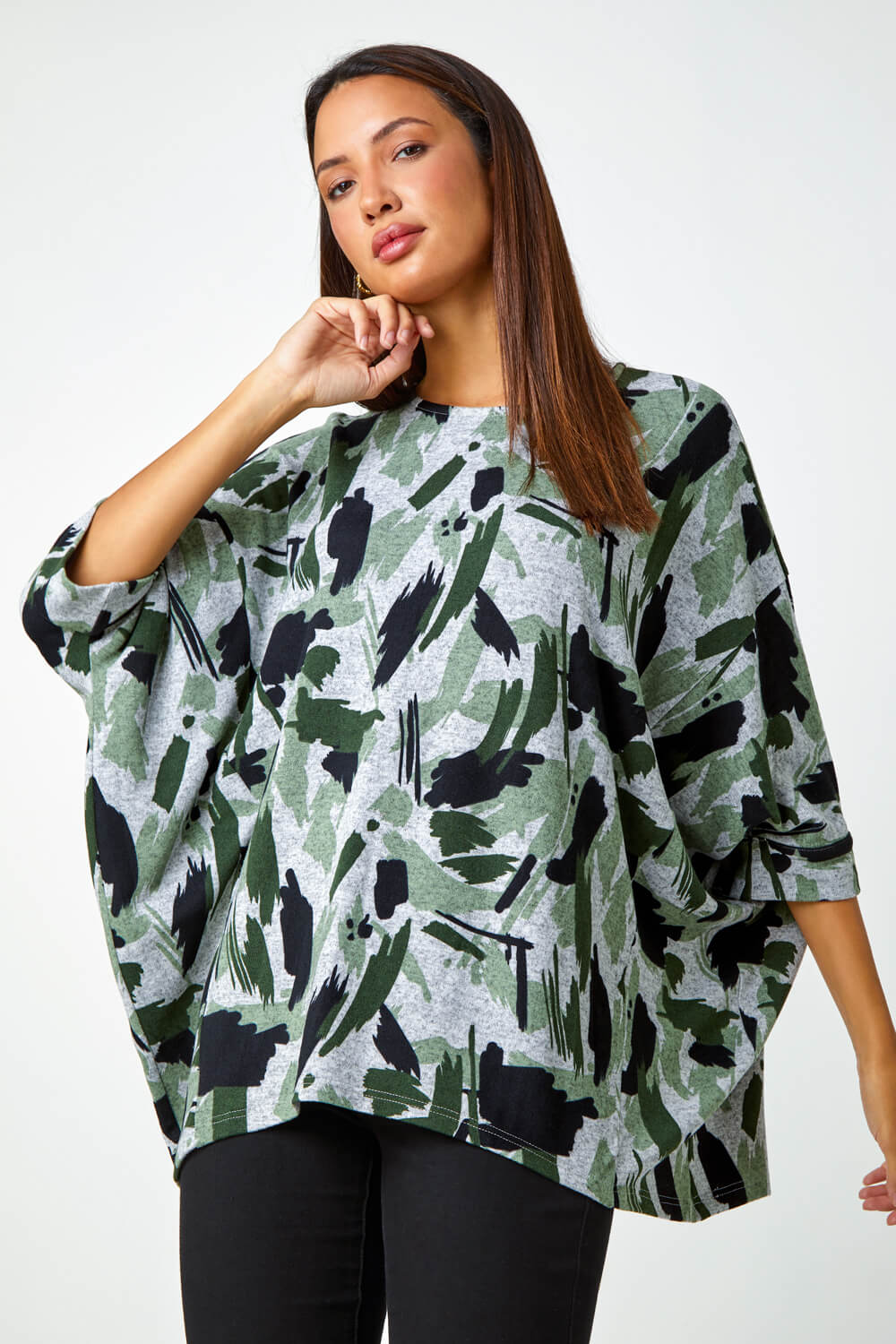 KHAKI Relaxed Abstract Print Stretch Top , Image 2 of 5