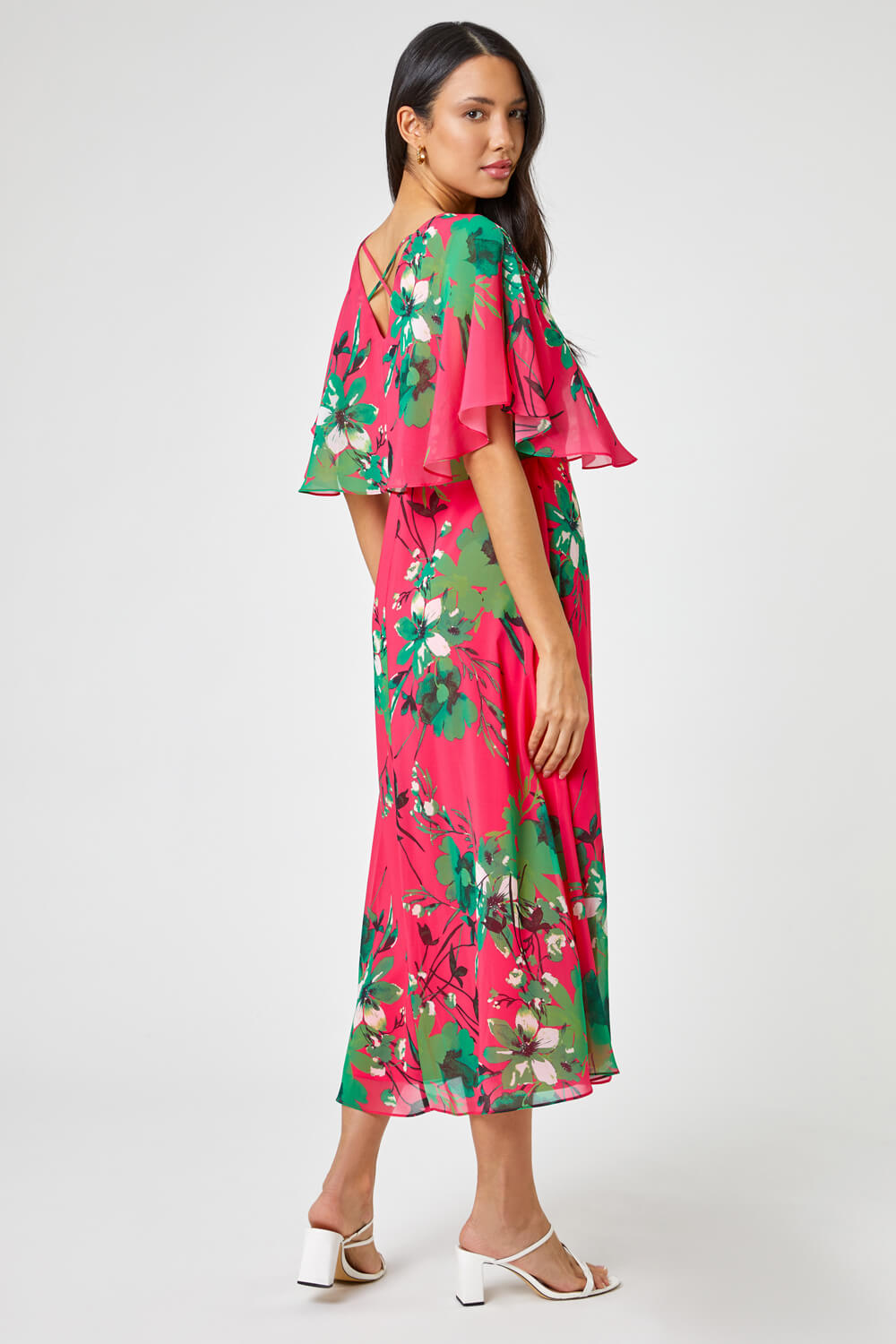 PINK Floral Print Frill Cape Wrap Dress, Image 2 of 5