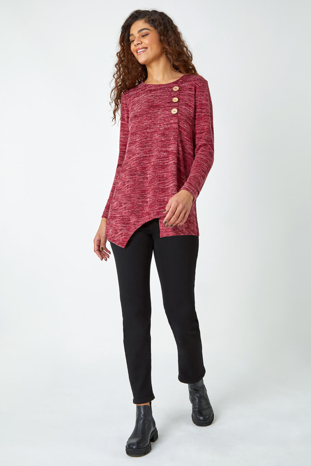 Maroon Button Stretch Knit Asymmetric Top, Image 2 of 5