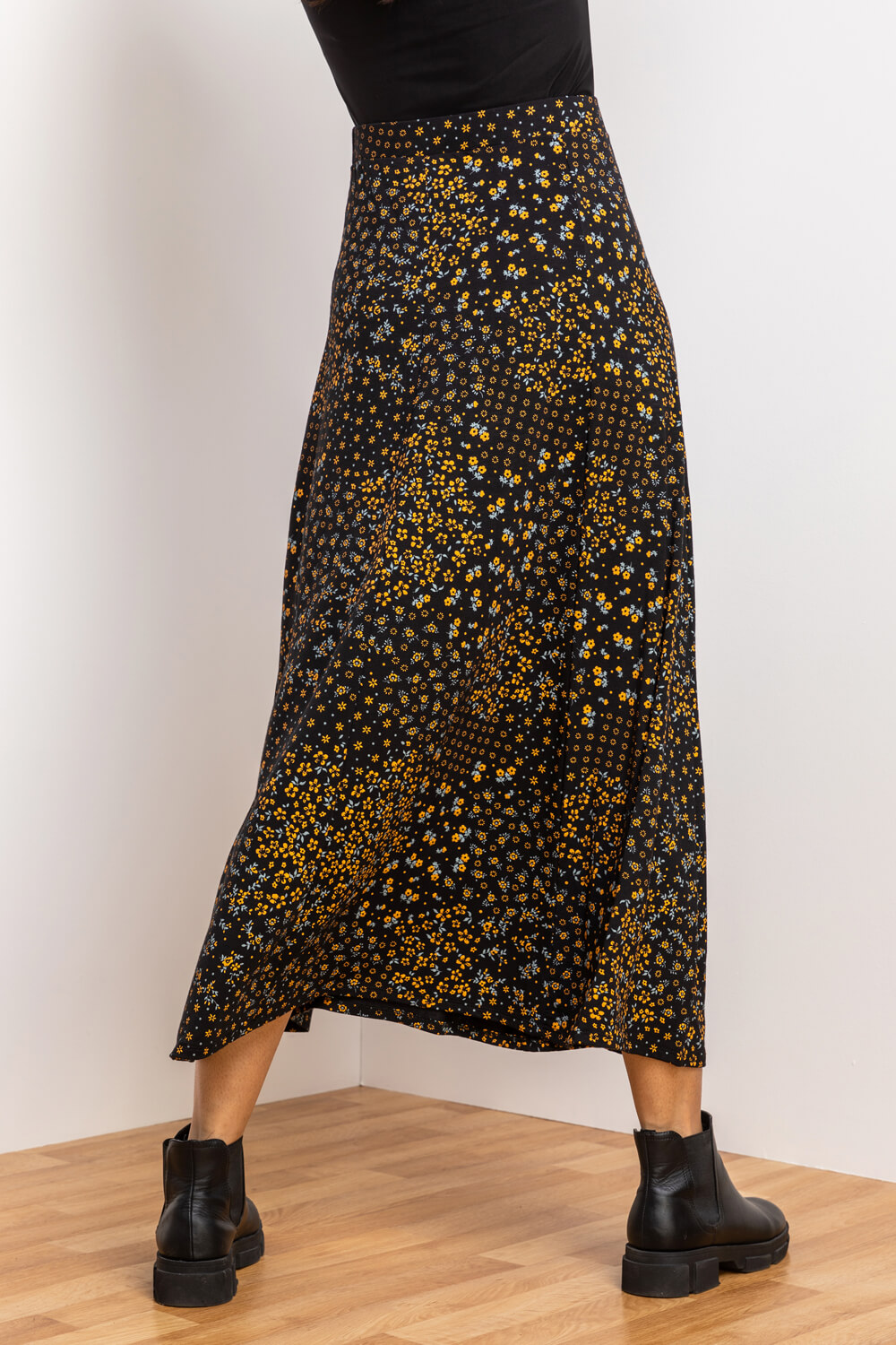 Black Patchwork Floral Jersey Midi Skirt, Image 2 of 4