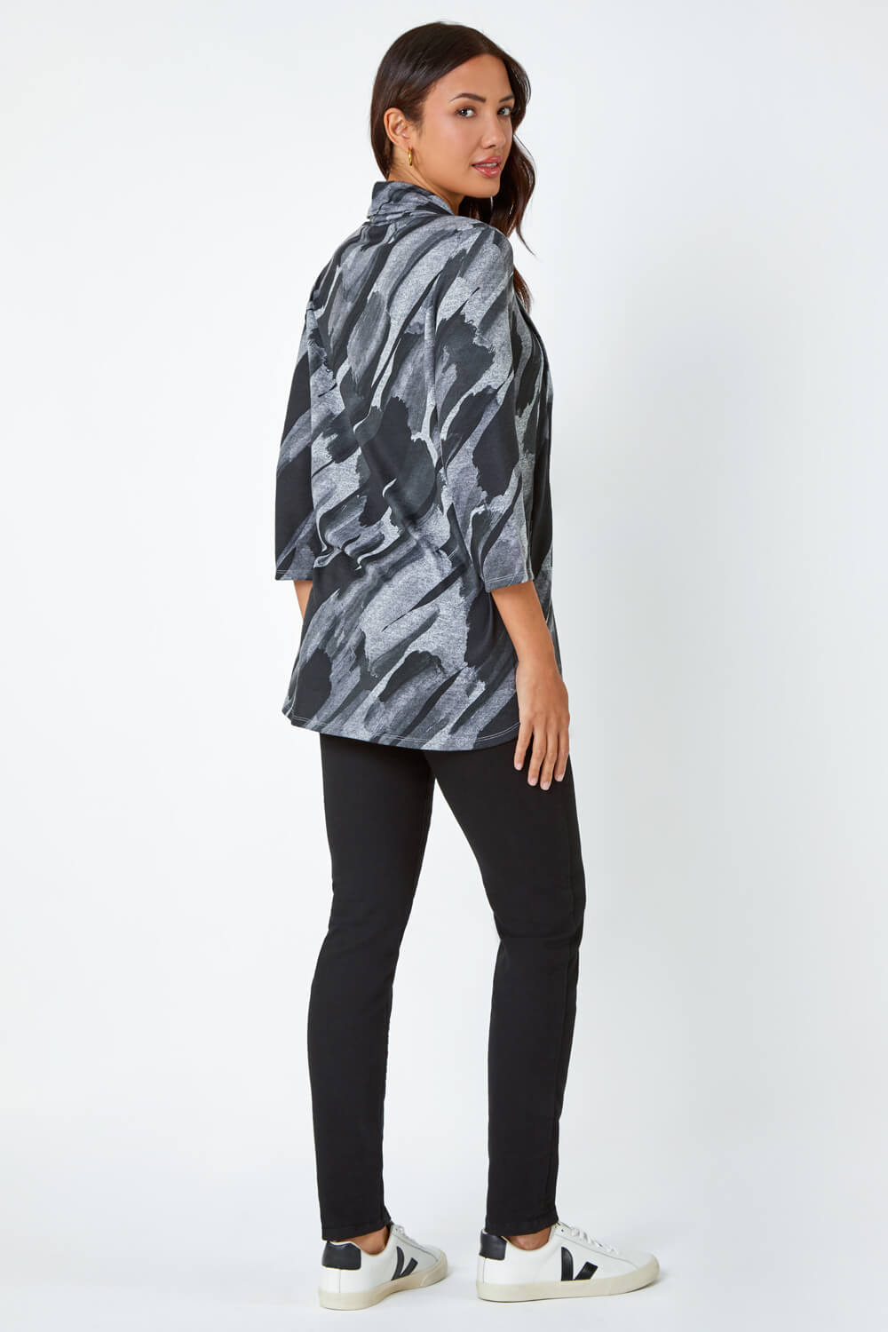 Charcoal Abstract Print Pocket Top with Snood, Image 3 of 5