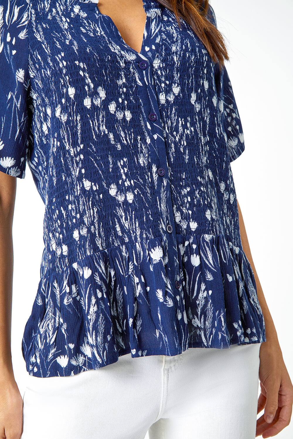 Navy  Ditsy Print Crinkle Button Blouse, Image 5 of 5