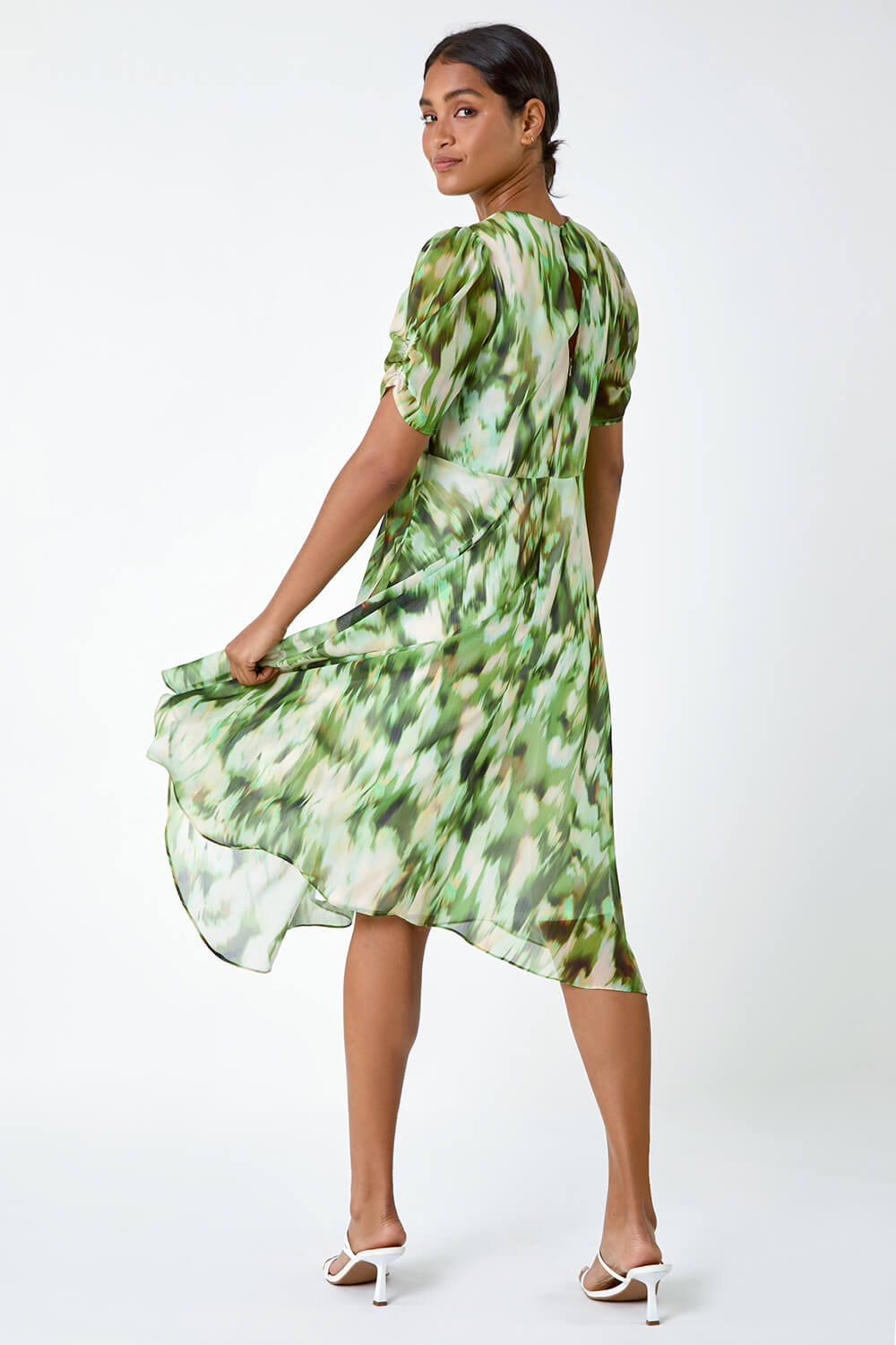Green Abstract Print Hanky Hem Chiffon Dress, Image 3 of 5