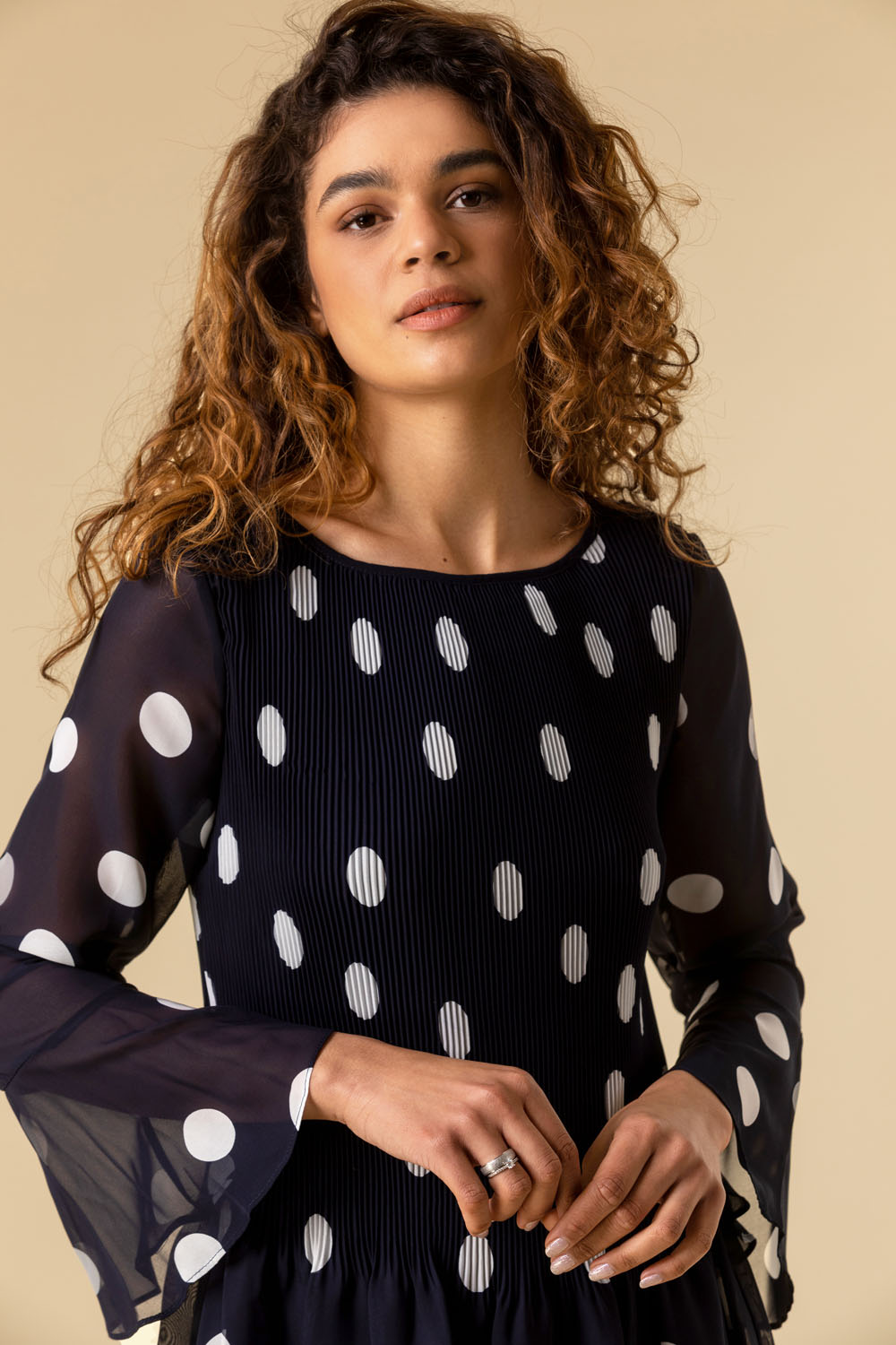 Navy  Spot Flute Sleeve Pleated Top, Image 4 of 4