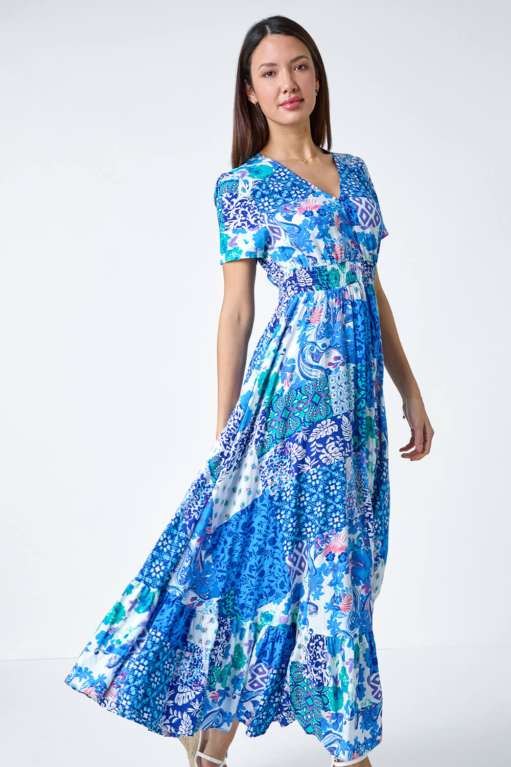 Blue Patchwork Paisley Frilled Hem Maxi Dress, Image 4 of 5