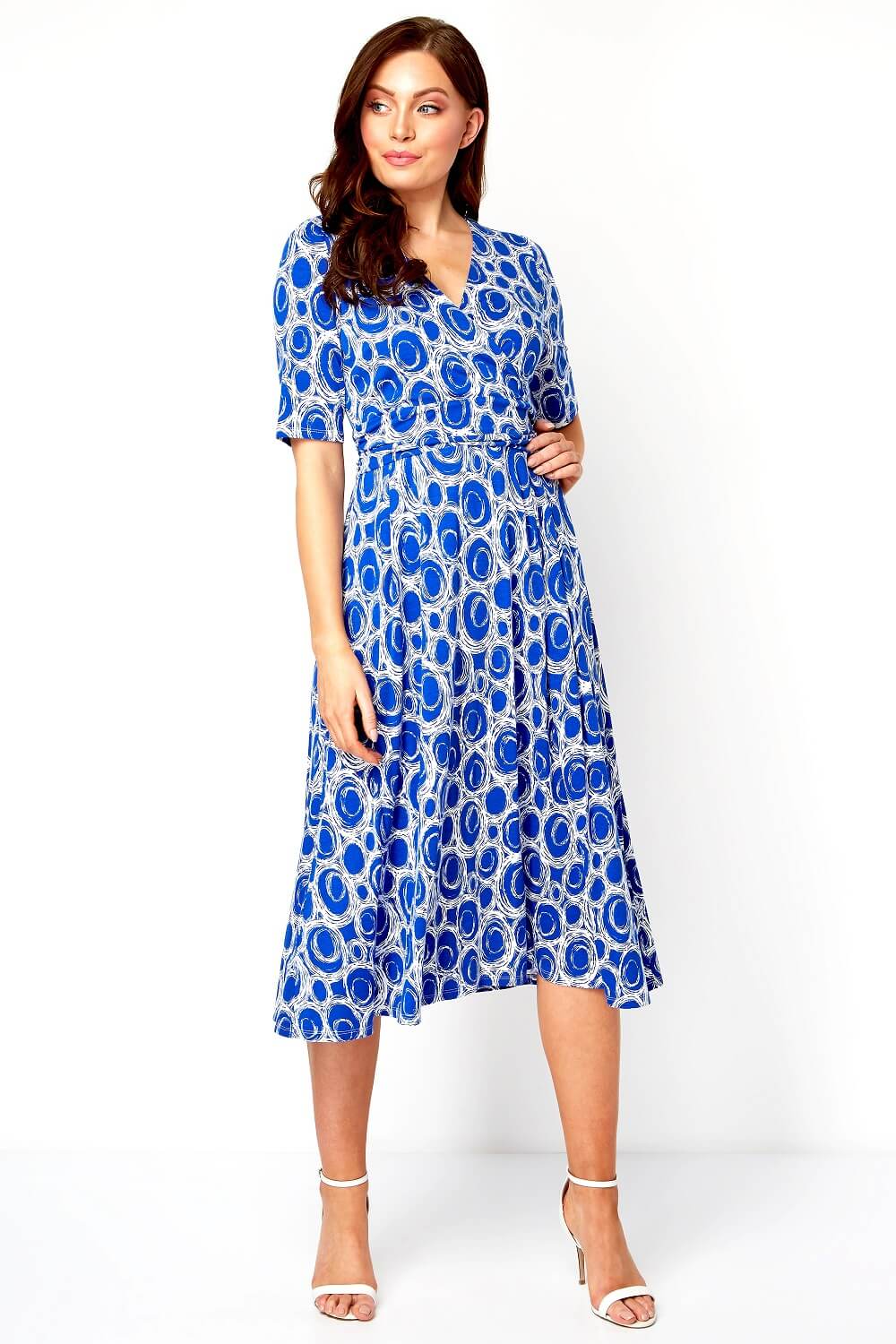 Royal Blue Spot Printed Fit and Flare Dress, Image 2 of 5