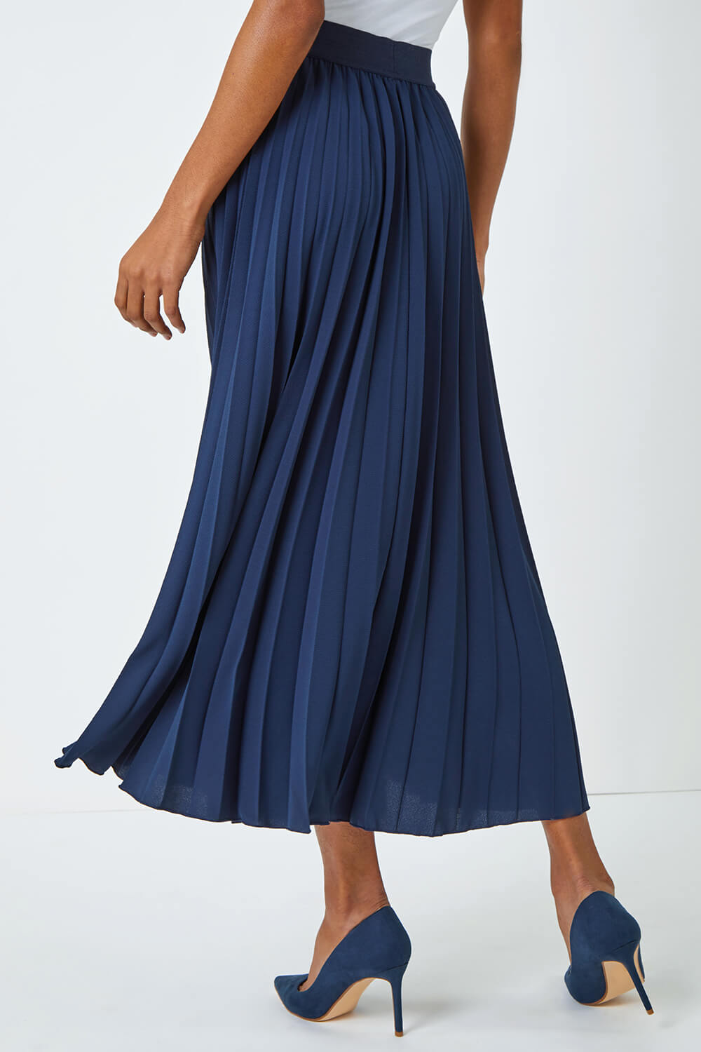 Navy  Pleated Maxi Stretch Skirt, Image 4 of 5