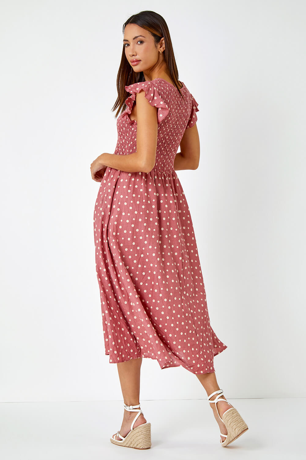 PINK Frill Sleeve Spot Shirred Midi Dress, Image 3 of 5