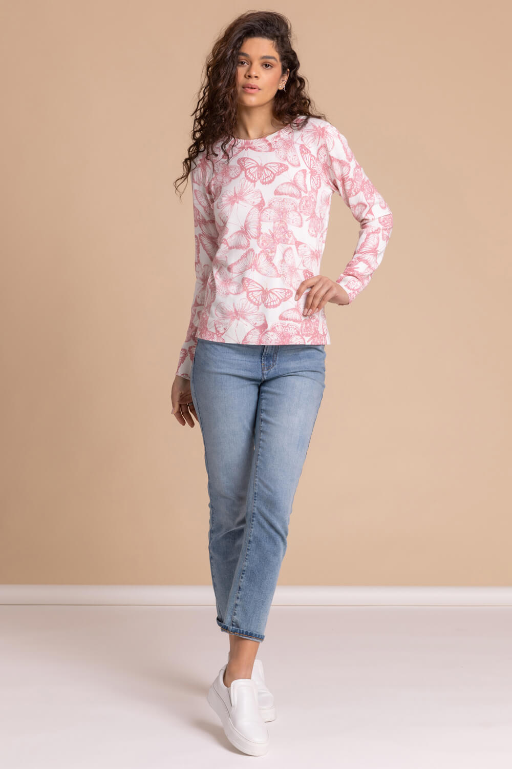 Light Pink Butterfly Print Crew Neck Jumper, Image 3 of 5