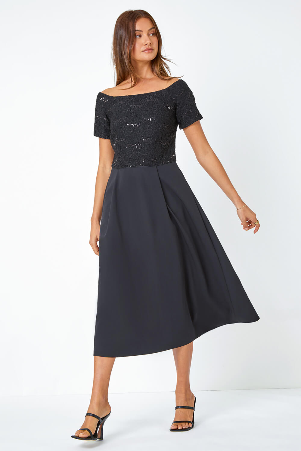 Black Lace Bardot Midi Stretch Dress, Image 1 of 5