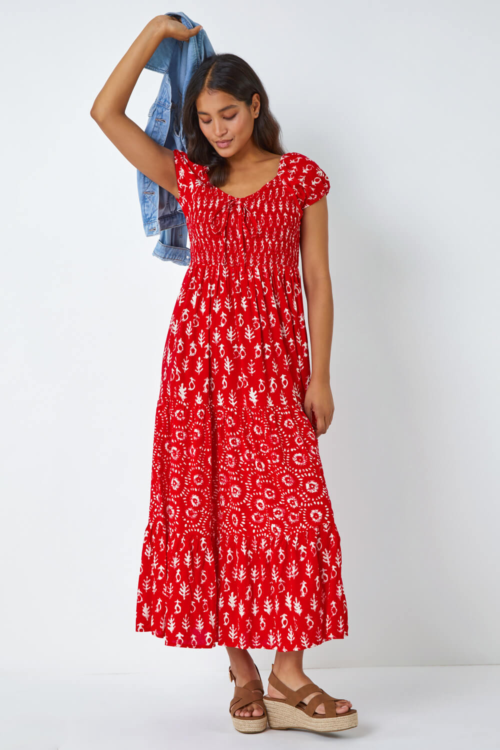 Red Boho Print Tiered Maxi Dress, Image 5 of 7