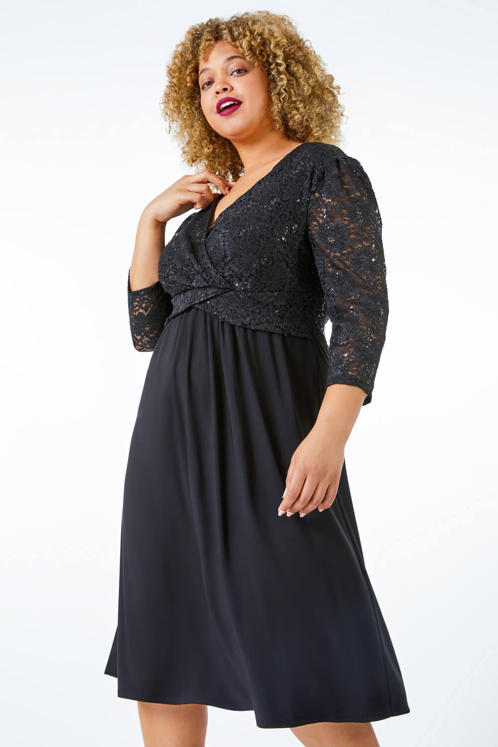 Black Curve Sequin Lace Wrap Dress, Image 4 of 5