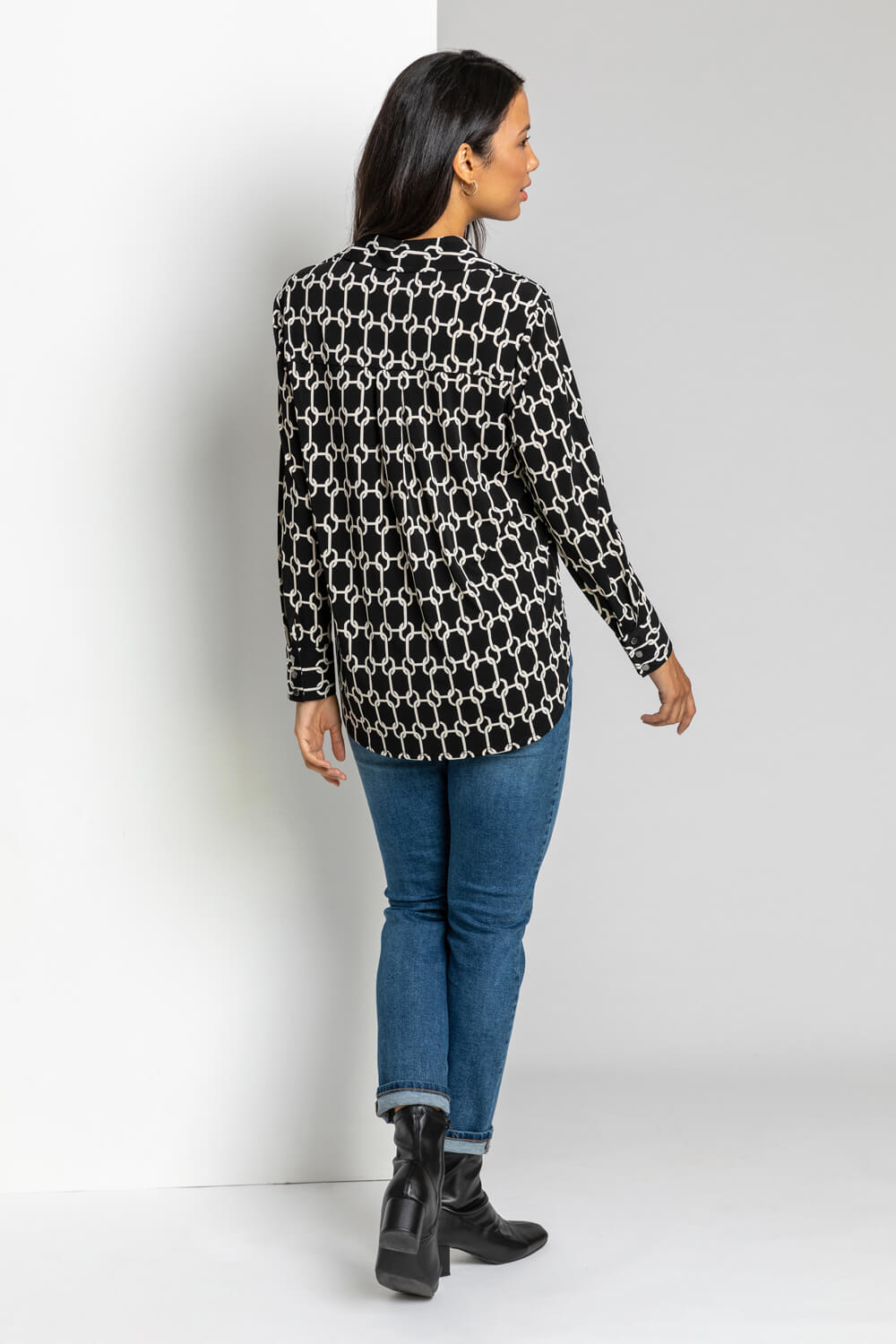 Black Chain Print Long Sleeve Collared Jersey Blouse, Image 2 of 5