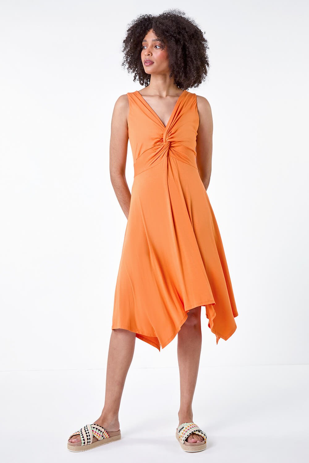 Orange Twist Front Hanky Hem Stretch Dress | Roman UK