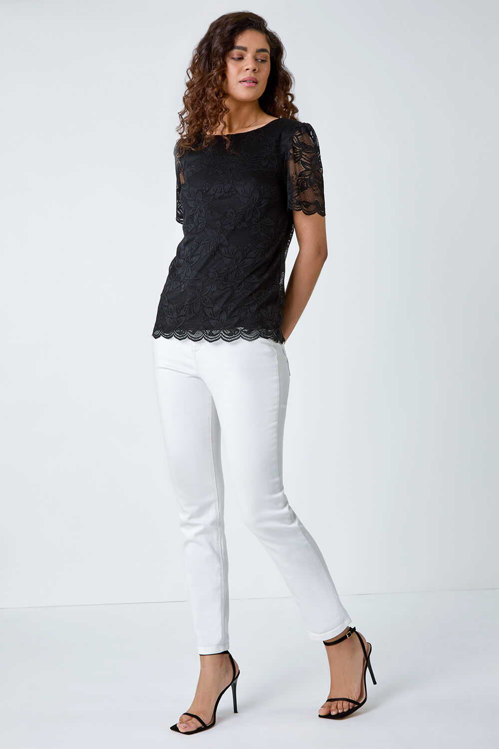 Black Floral Stretch Lace Top, Image 2 of 5