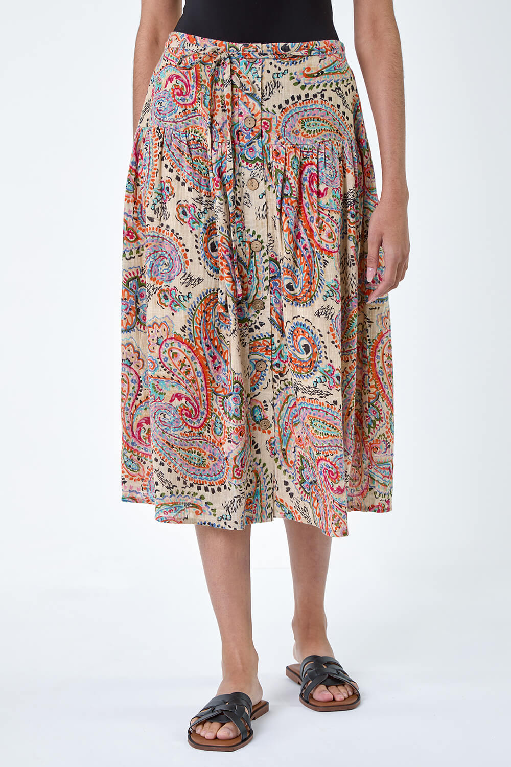 Multi  Cotton Paisley Boho A Line Midi Skirt, Image 4 of 5