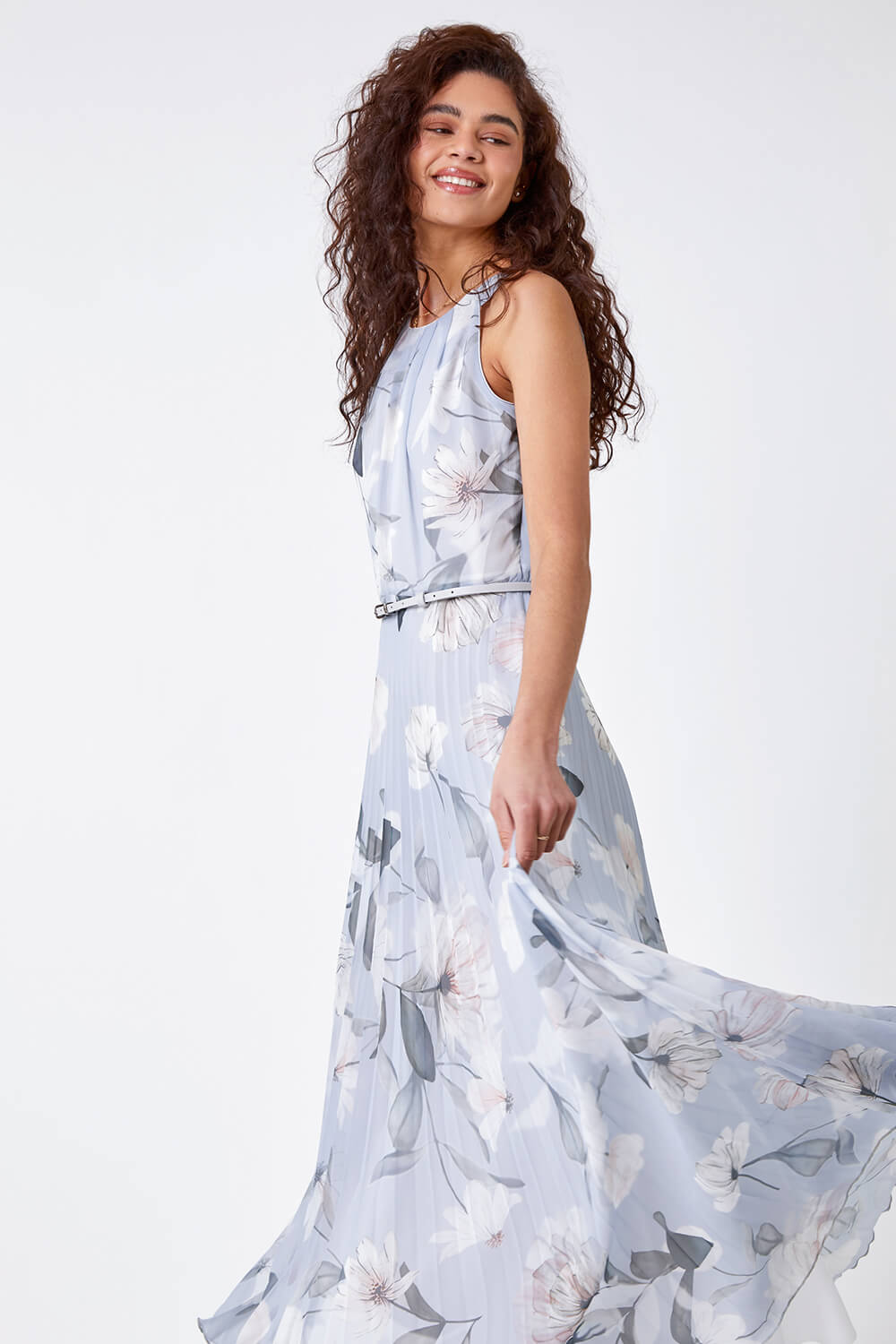 Grey Floral Pleated Maxi Dress, Image 2 of 5