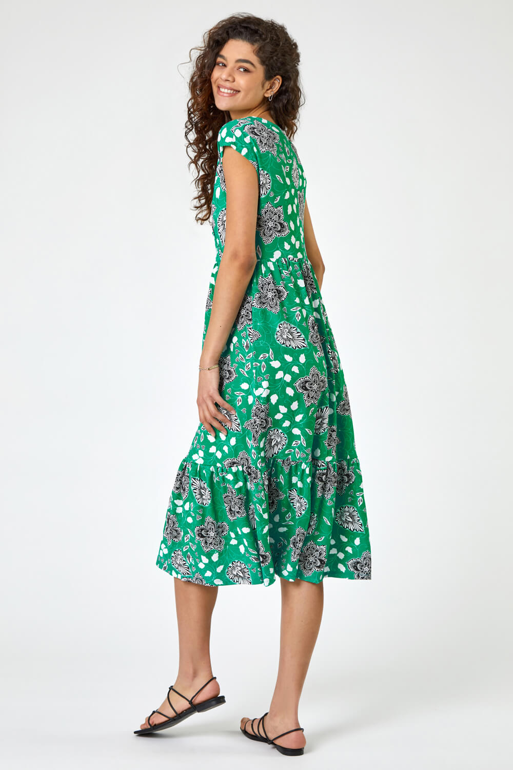 Green Floral Paisley Wrap Tiered Midi Dress, Image 2 of 5