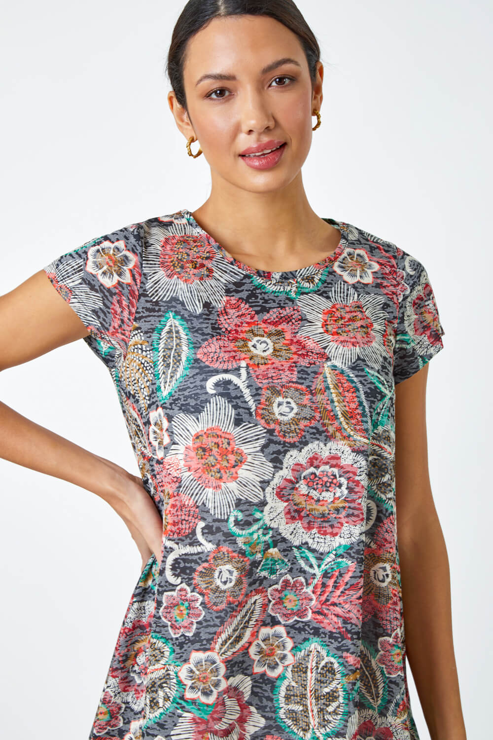 Red Floral Stretch Hanky Hem Tunic Top, Image 4 of 5