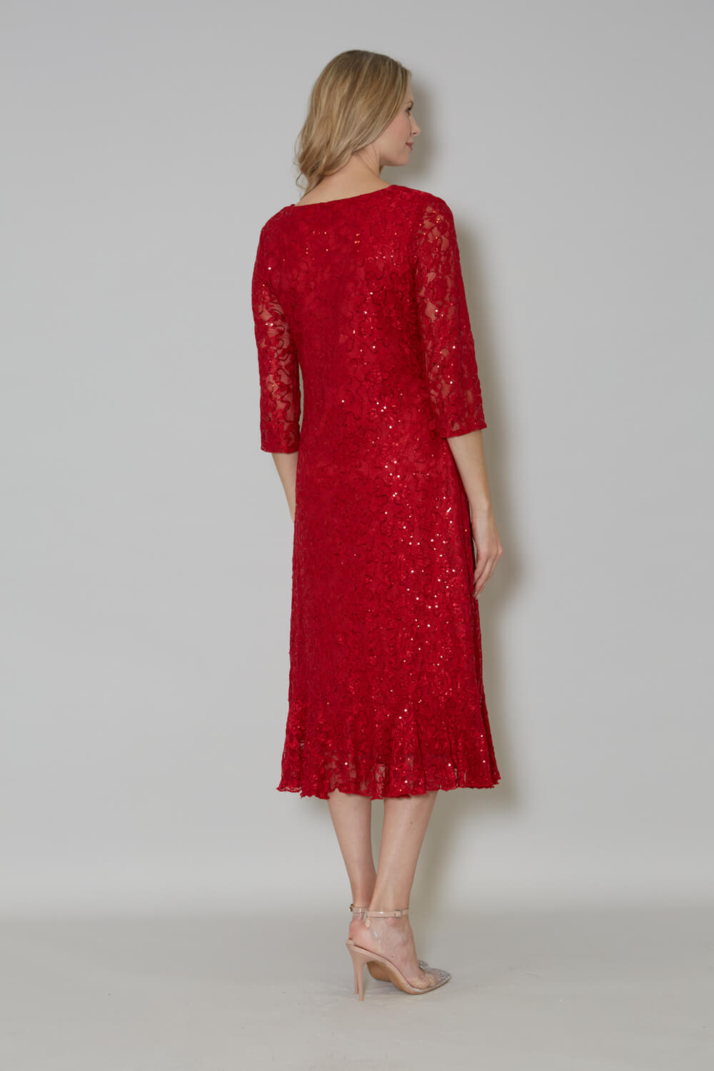 Red Julianna Sequin Frill Hem Midi Dress, Image 2 of 4