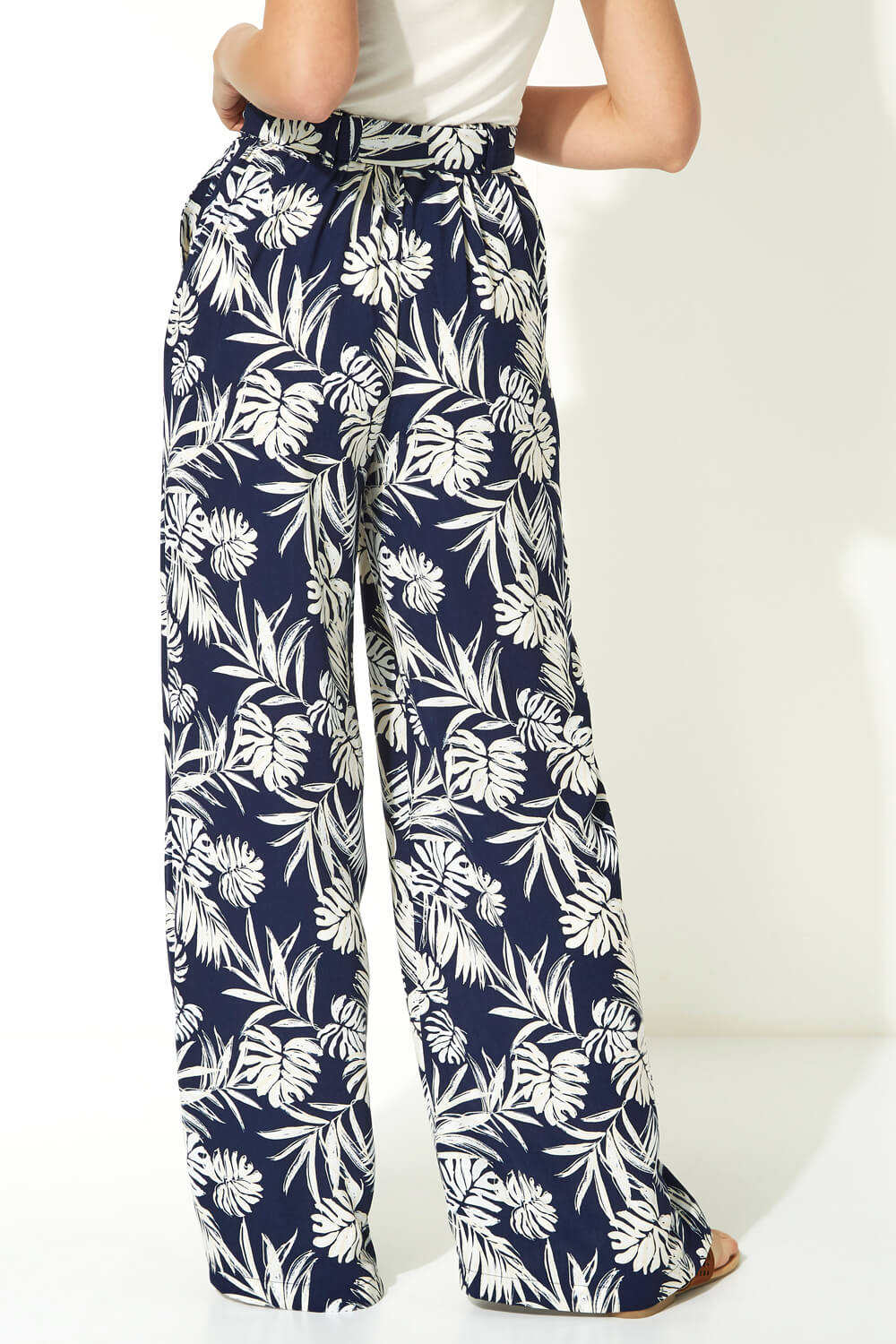 Navy  Palm Print Wide Leg Trousers , Image 2 of 5