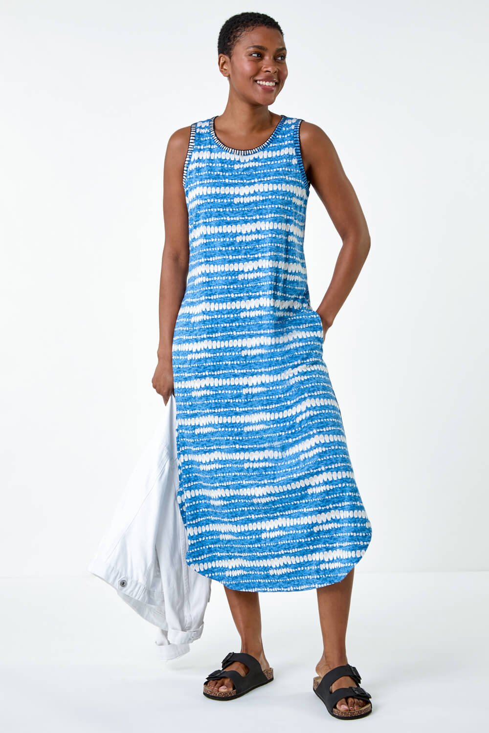 Blue Tie Dye Contrast Stitch Stretch Midi Dress | Roman UK