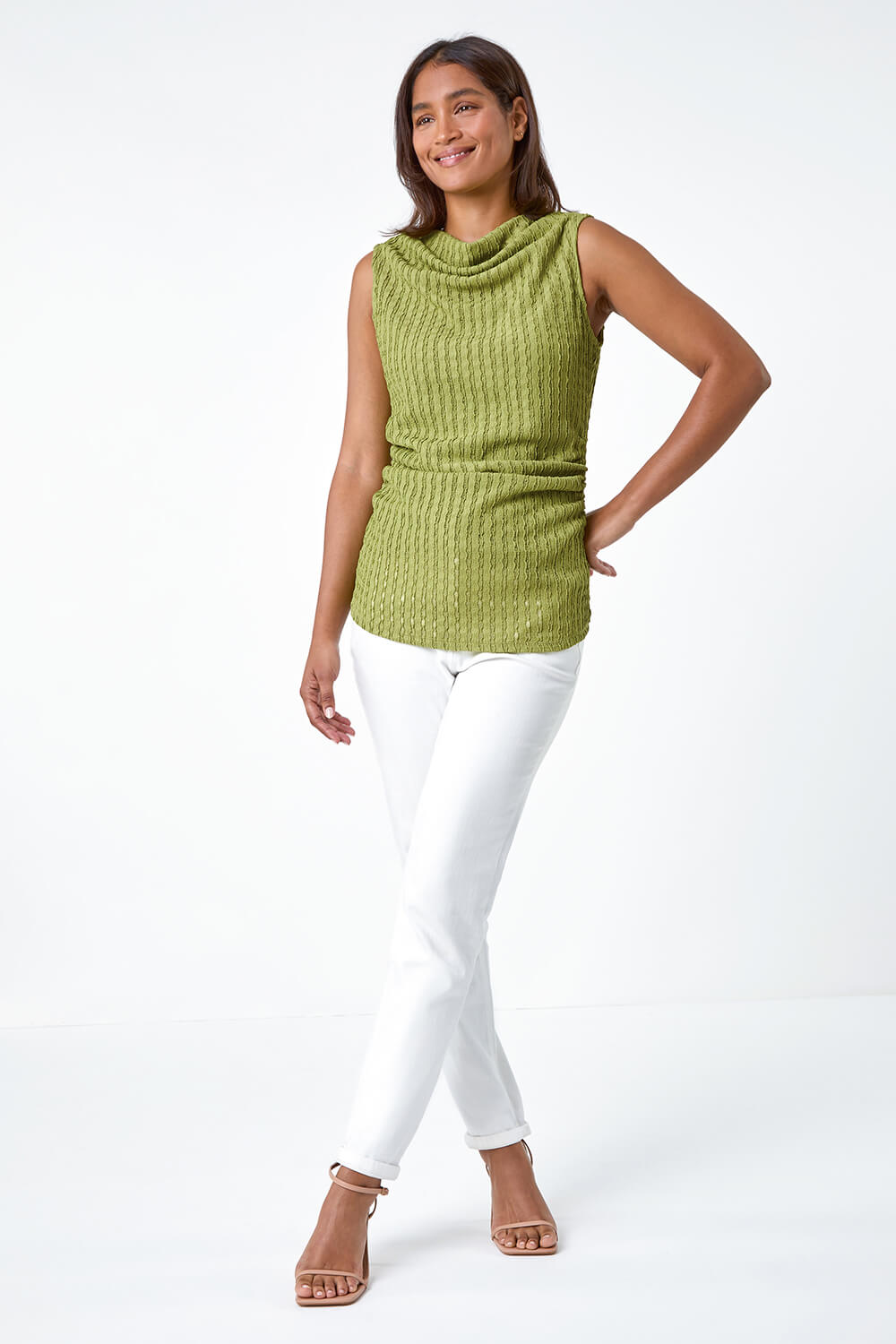 Lime Textured High Neck Sleeveless Stretch Top, Image 2 of 5