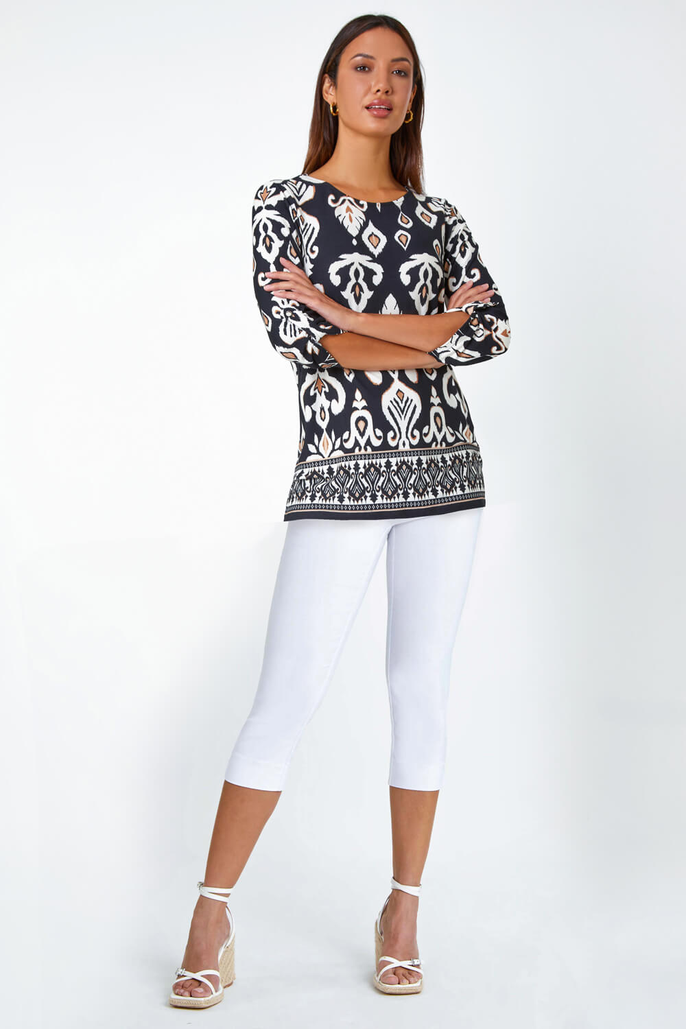 Neutral Aztec Border Print Tunic Stretch Top, Image 2 of 5