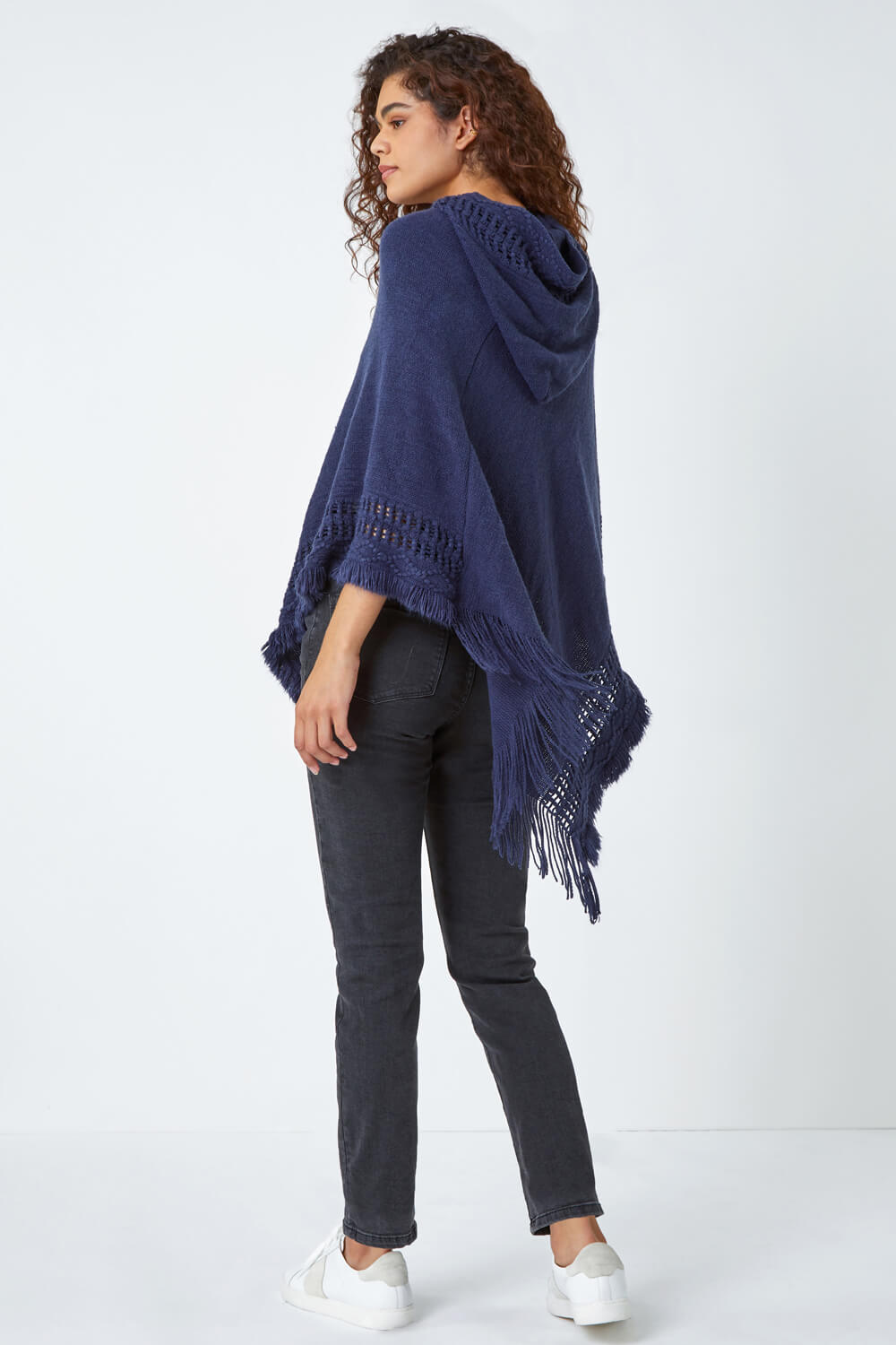 Midnight Blue One Size Hooded Fringed Knit Poncho , Image 3 of 5