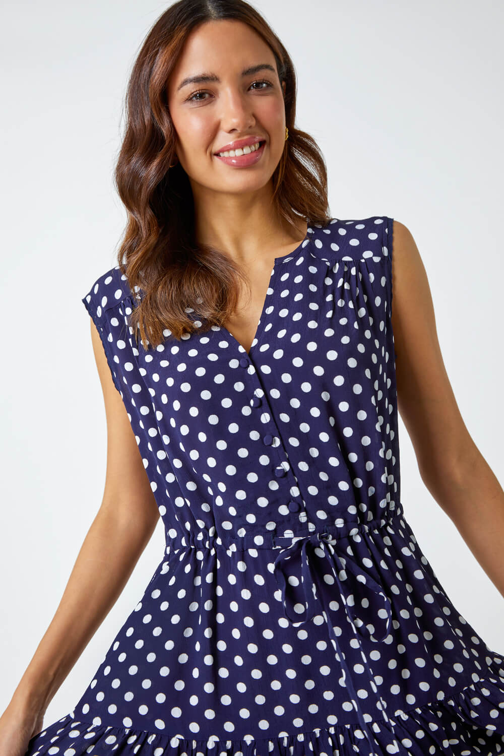 Navy  Polka Dot Print Sleeveless Dress, Image 4 of 5