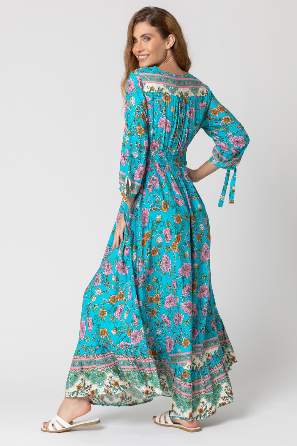 Blue Floral Border Print Maxi Dress, Image 3 of 5