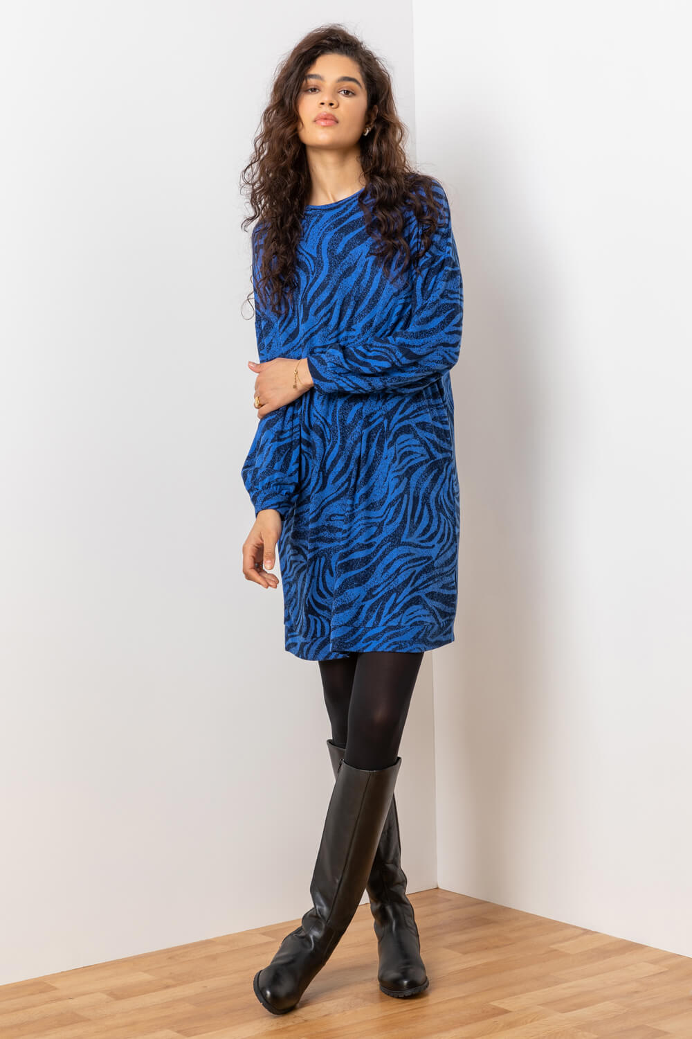 Royal Blue Animal Print Jacquard Sweater Dress, Image 3 of 5