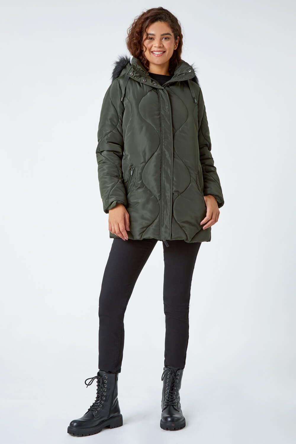 Dark Green Quilted Faux Fur Hooded Coat, Image 2 of 5
