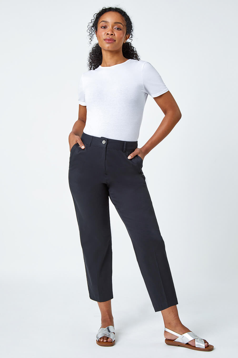 Black Petite Cotton Blend Stretch Trousers, Image 2 of 5