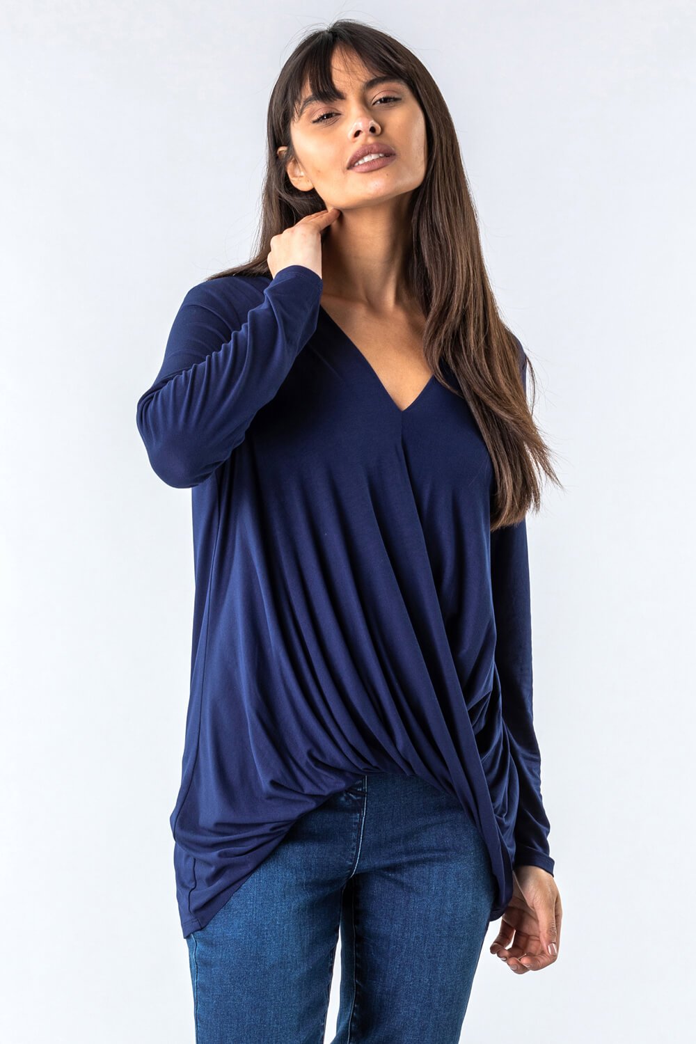 Navy  Wrap Front Long Sleeve Top, Image 4 of 4