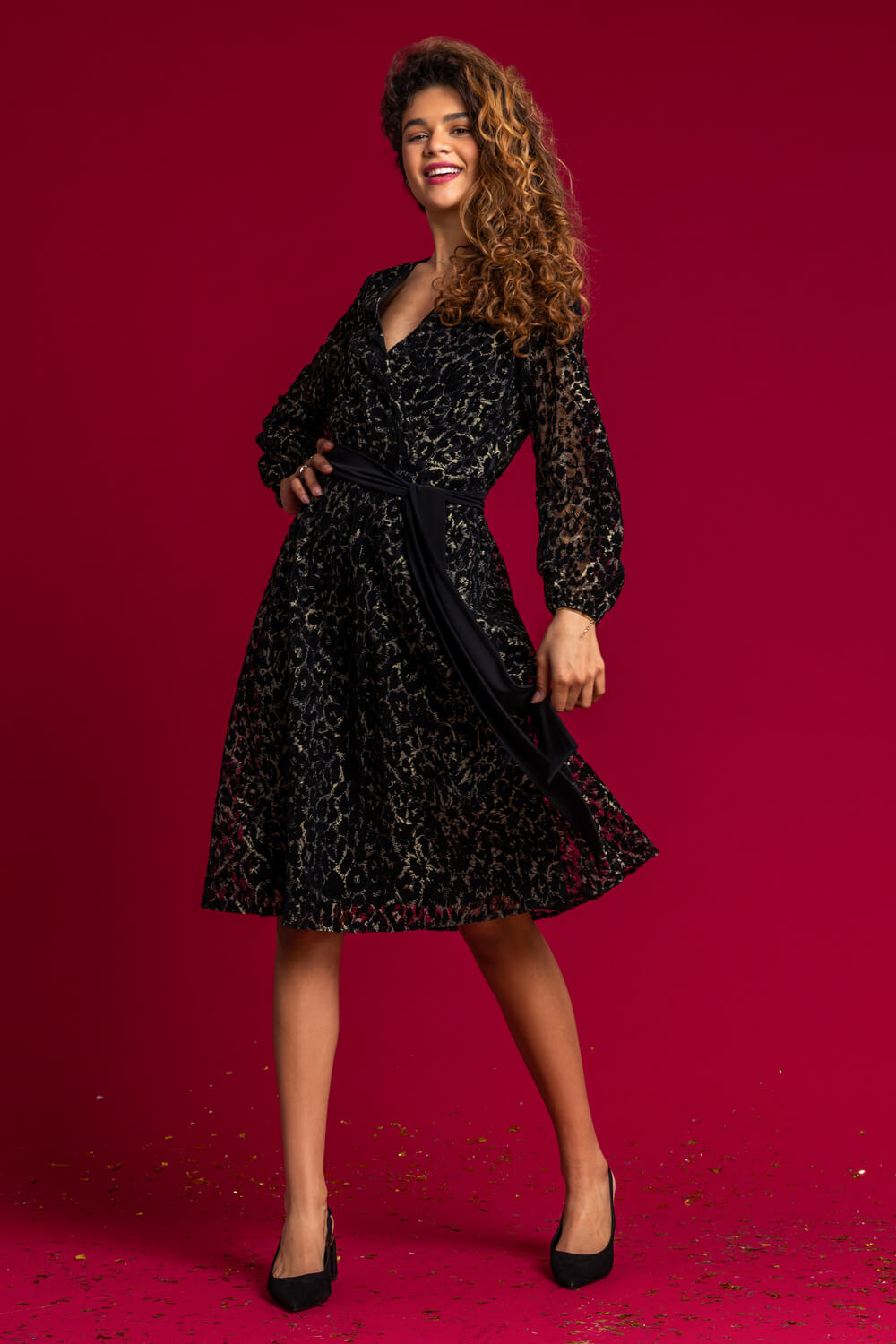 Black Shimmer Leopard Print Lace Wrap Dress, Image 3 of 5