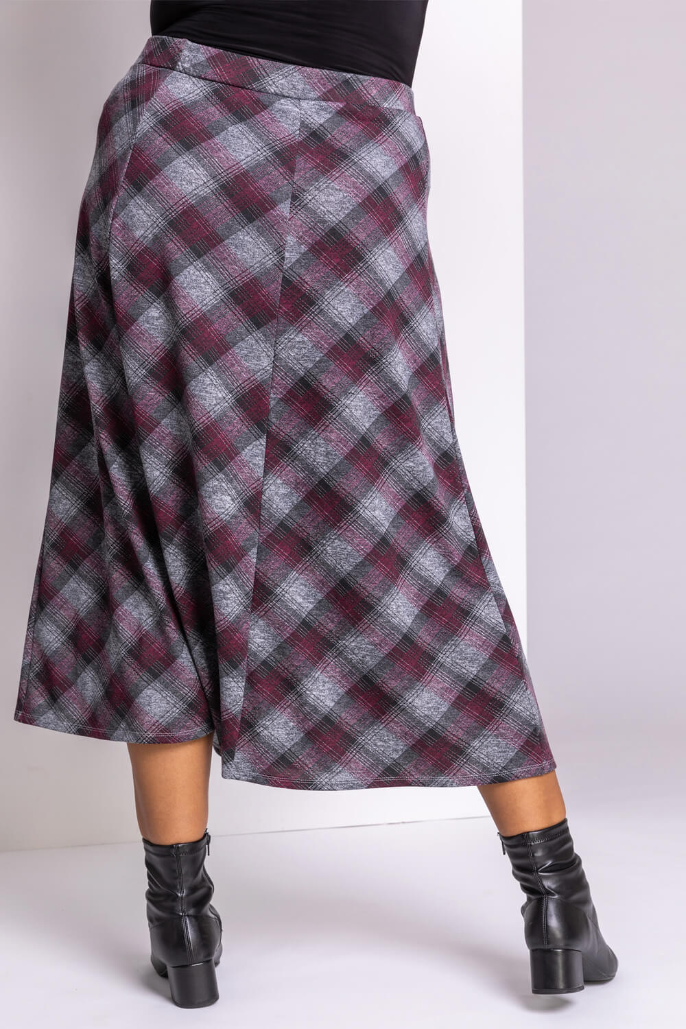 Curve Check Print Midi Skirt in Bordeaux - Roman Originals UK