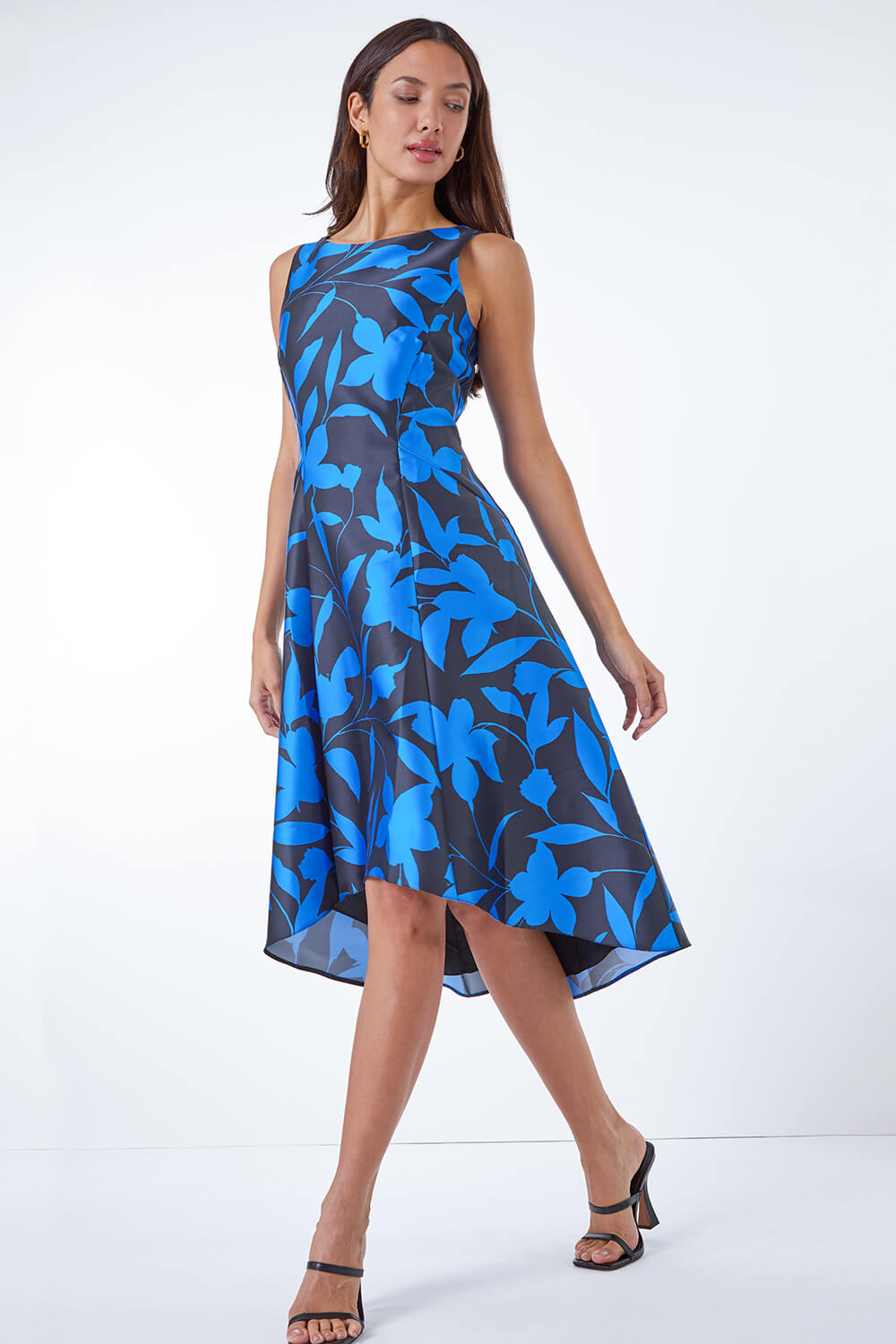 Royal Blue Floral Print Dipped Hem Jacquard Dress , Image 2 of 5