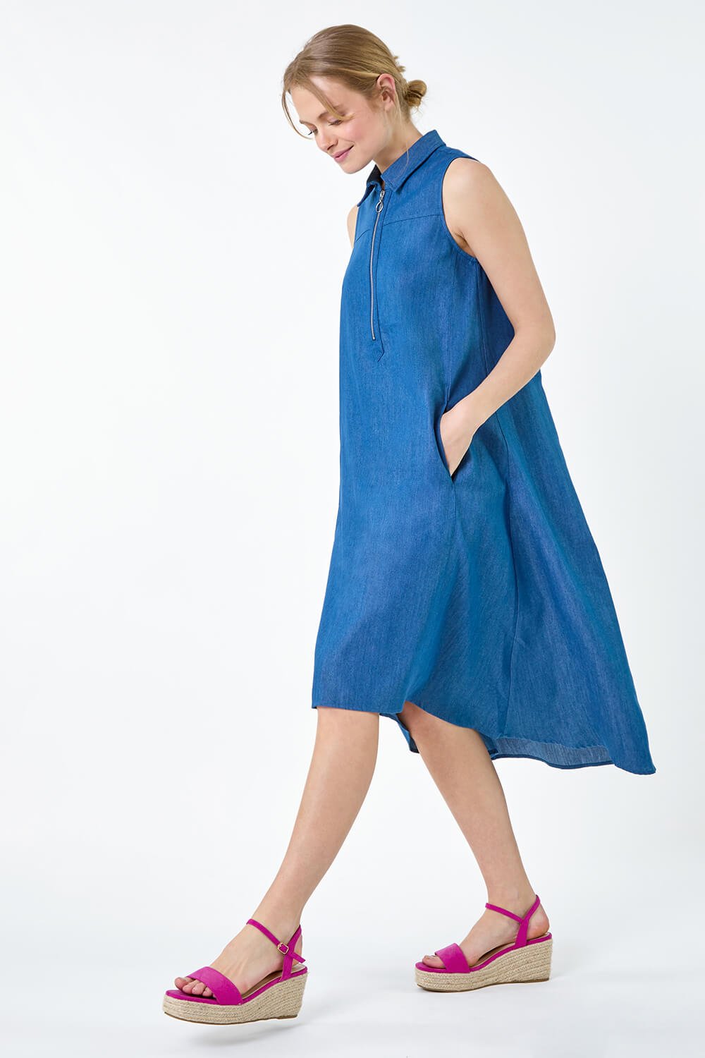 Blue Denim Zip Detail Dipped Hem Midi Dress, Image 4 of 5