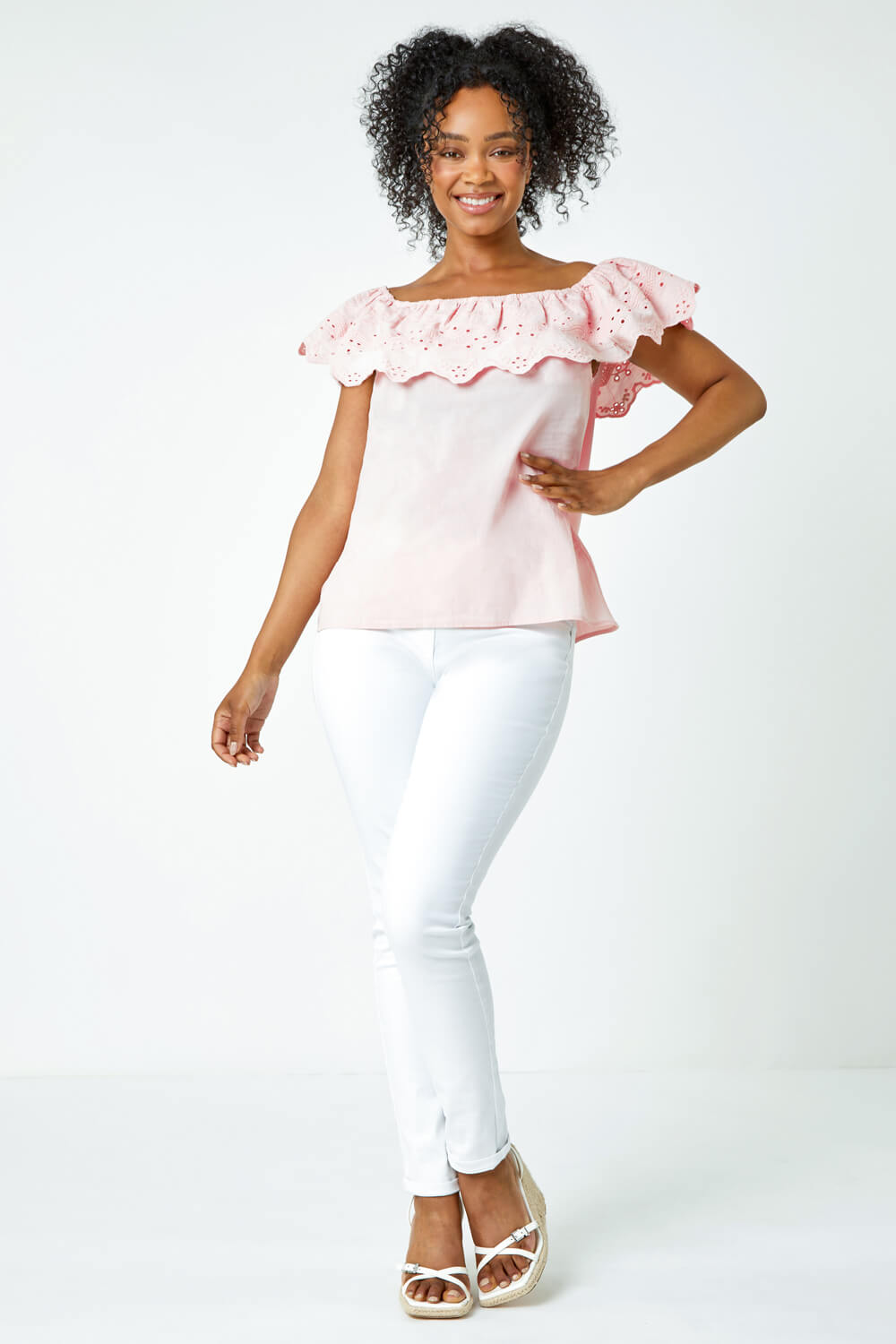 Light Pink Petite Embroidered Cotton Bardot Top, Image 4 of 5