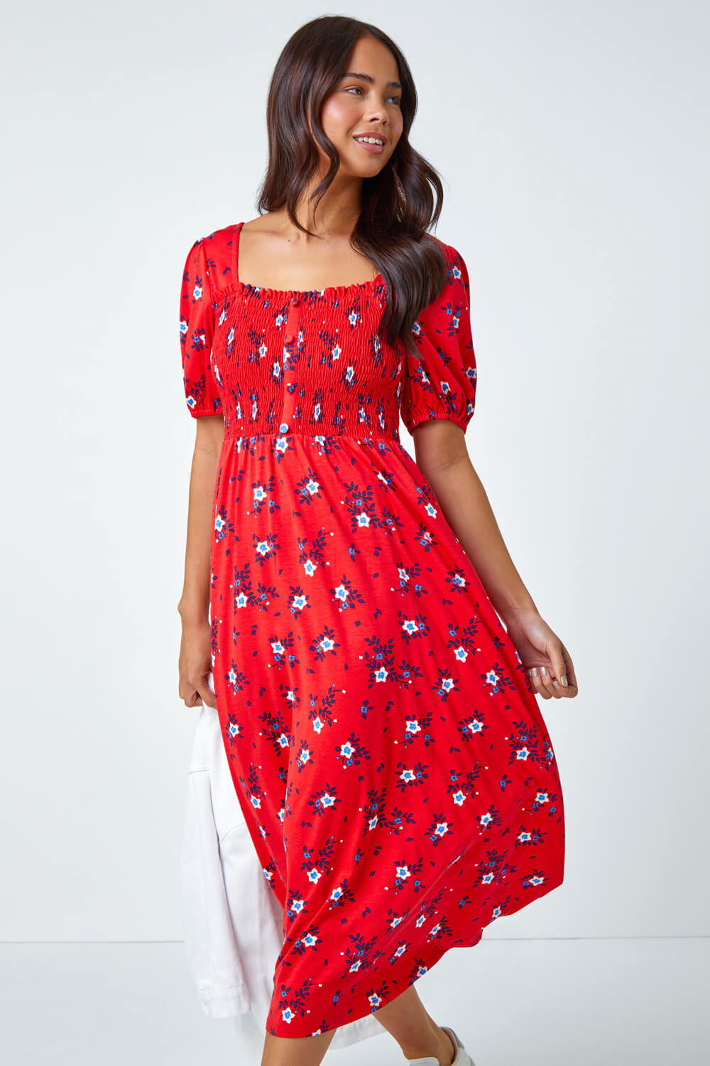 Red Petite Shirred Stretch Floral Midi Dress, Image 4 of 5
