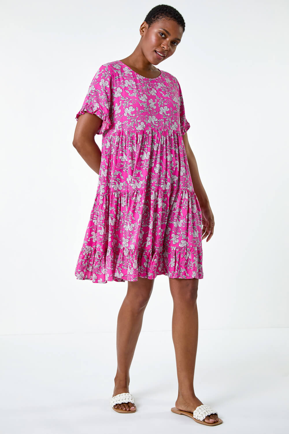 Ditsy Floral Frill Neck Smock Dress