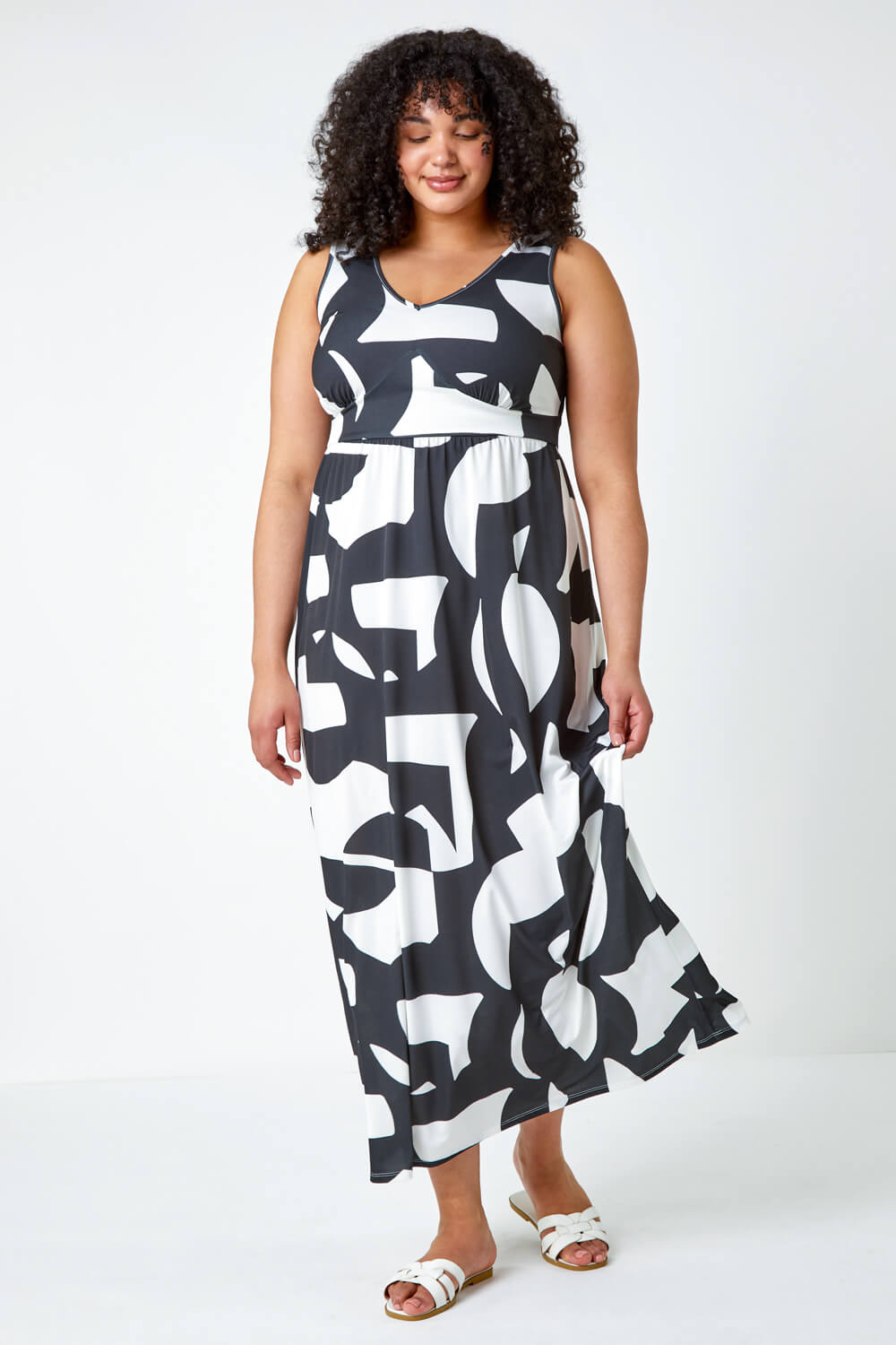 Black Curve Abstract Print Maxi Stretch Dress , Image 2 of 6