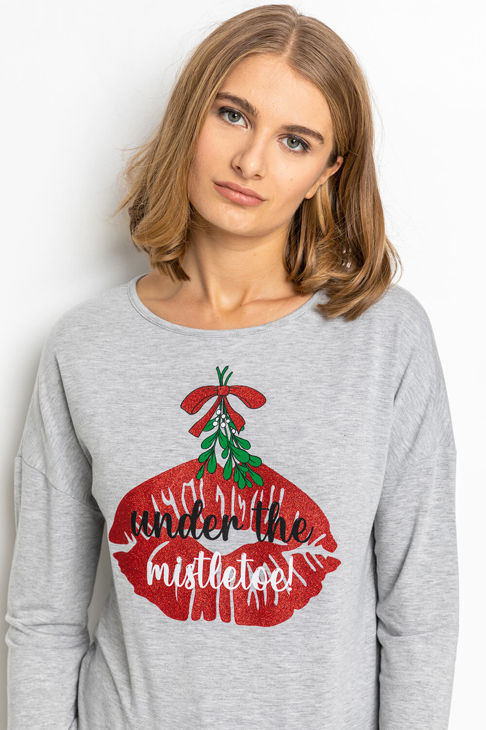 Grey Christmas Mistletoe Motif Jersey Top, Image 4 of 4