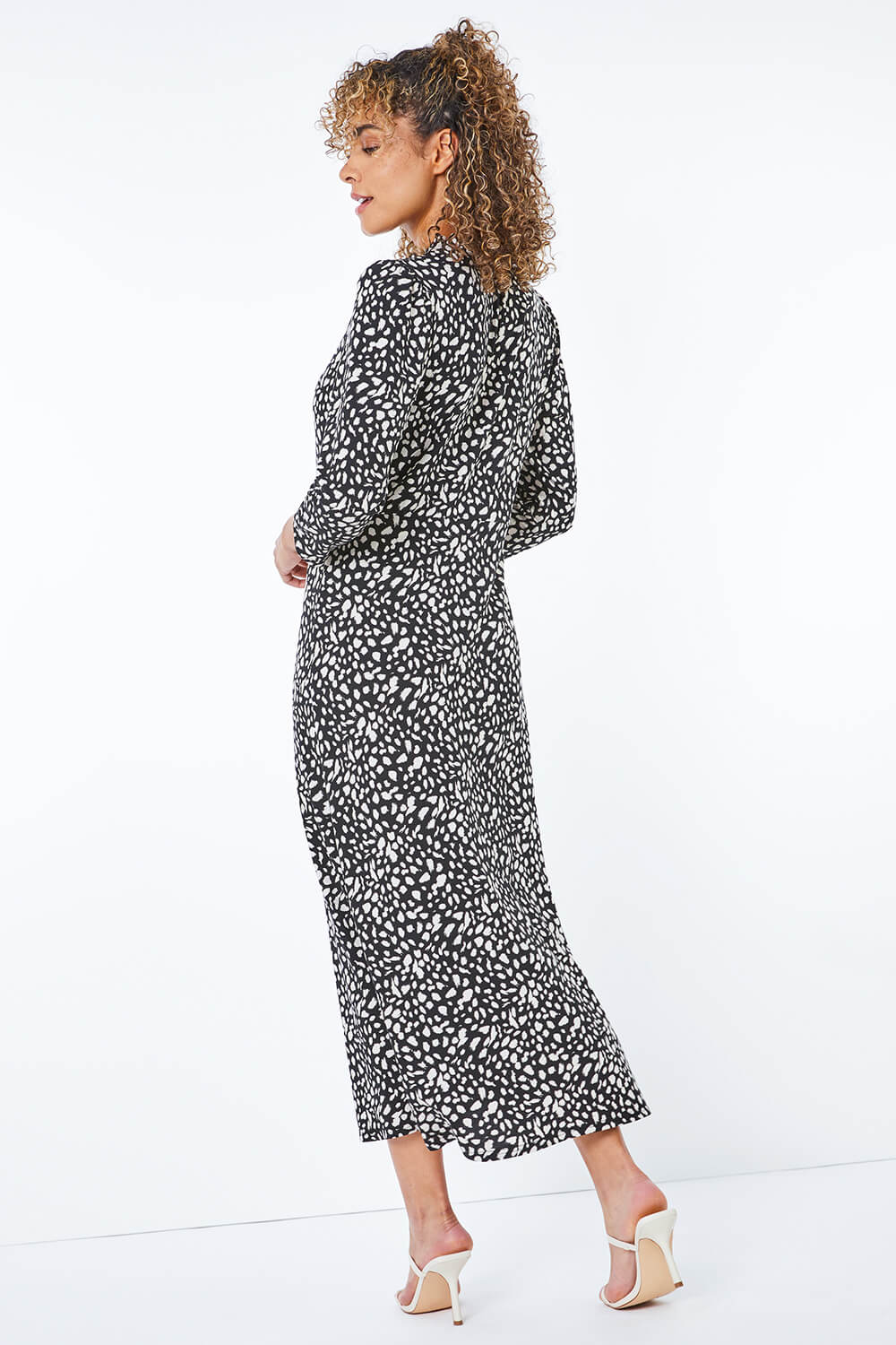 Black Petite Spot Print Frill Neck Midi Dress , Image 3 of 5