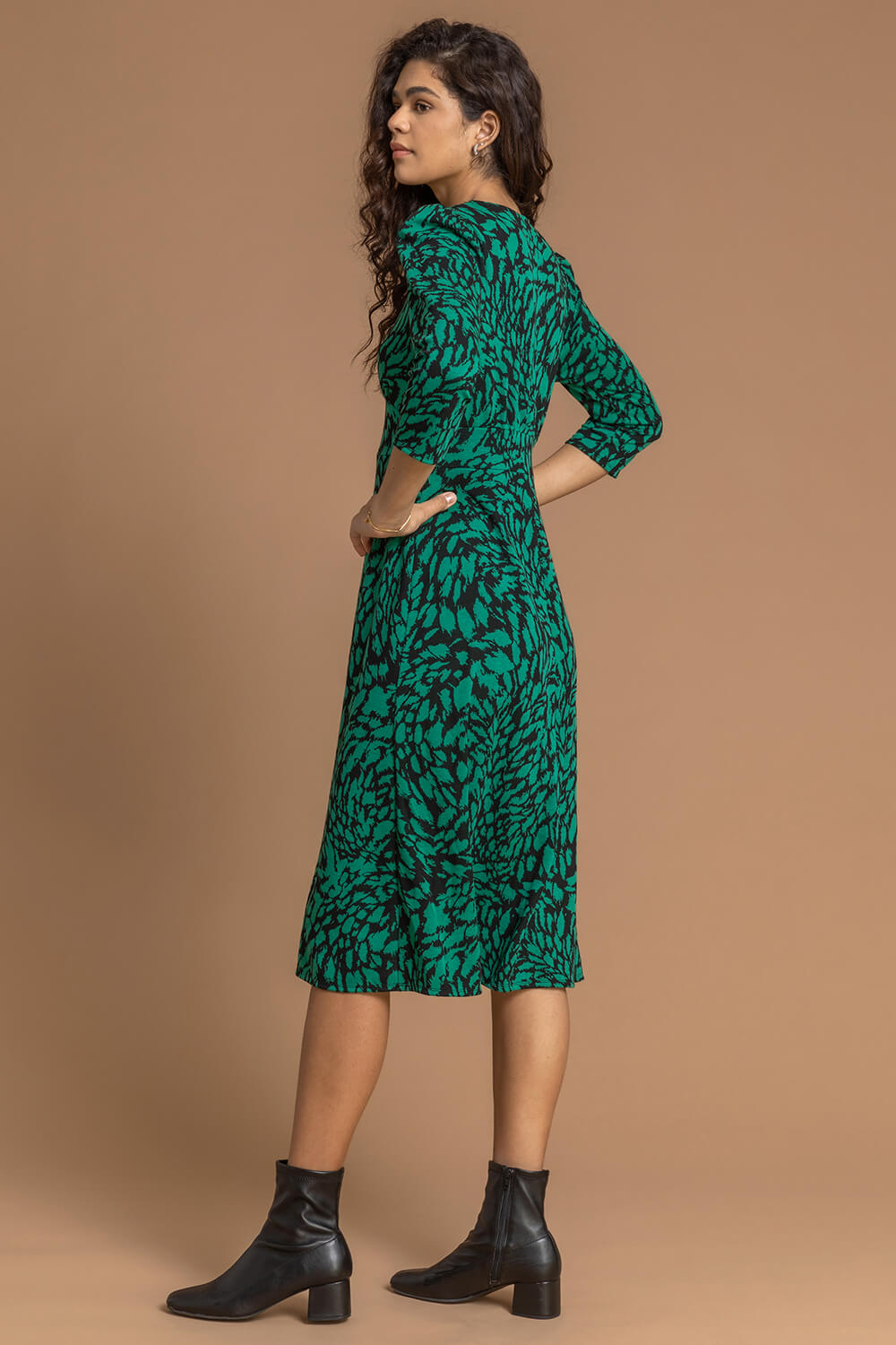 Dark Green Animal Print Jacquard Dress, Image 2 of 4