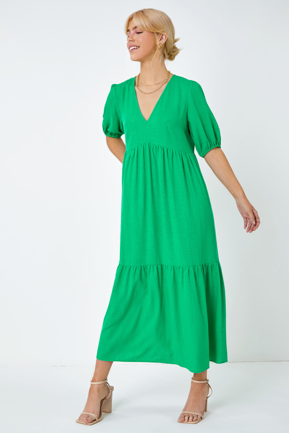 Green Linen Blend Tiered Midi Dress, Image 3 of 4